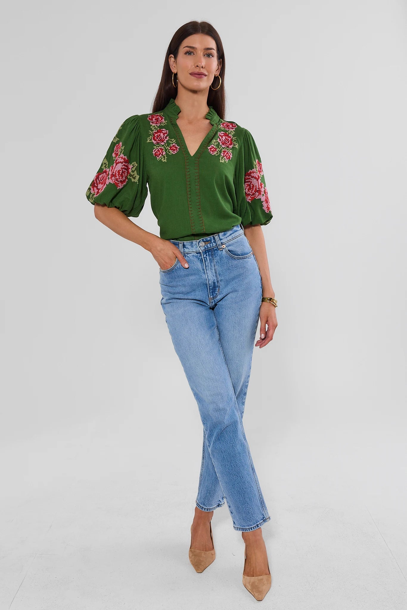 Green Embroidered Detail Top by THML