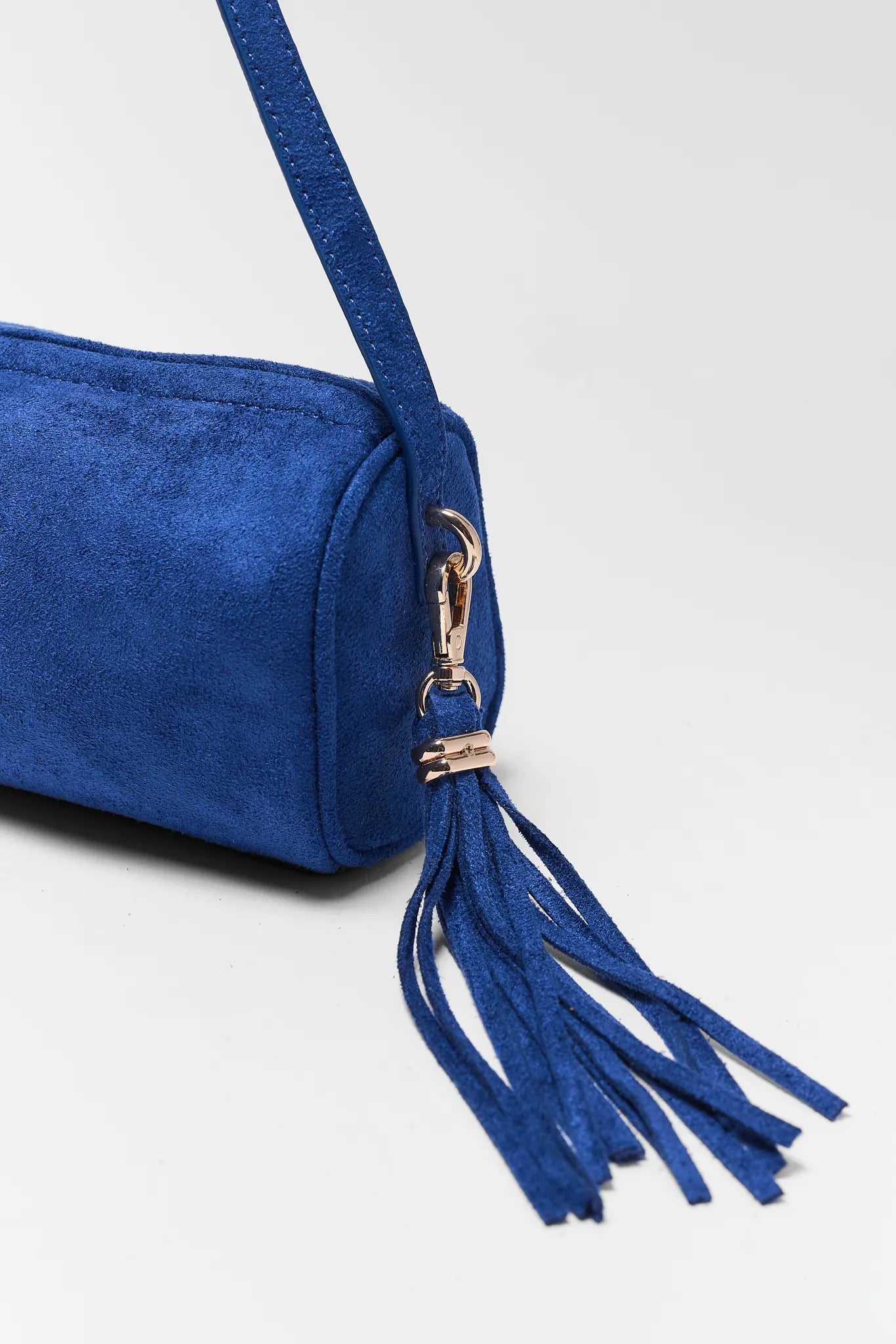 Blue Faux Suede Barrel Bag