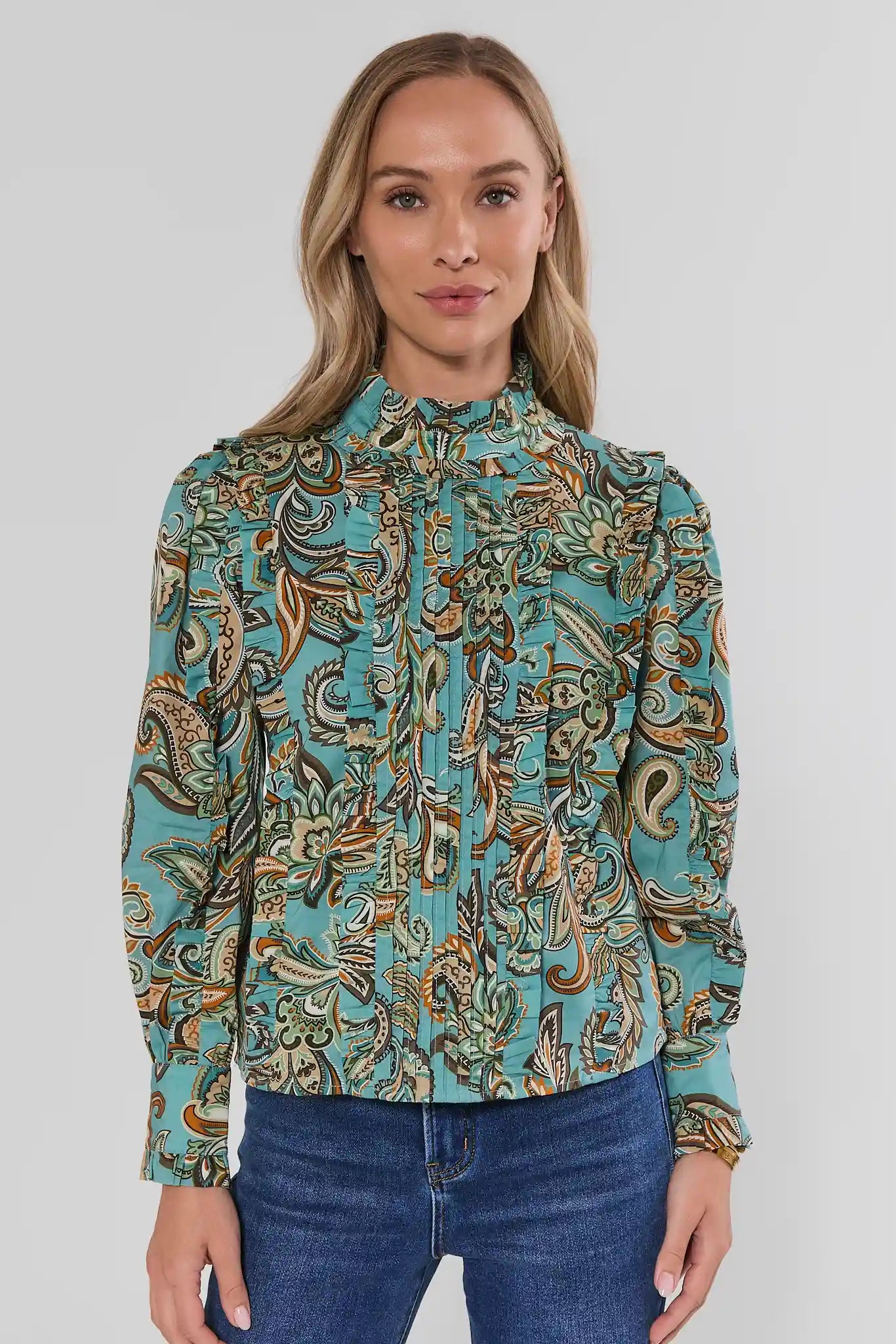Blue Paisley Button Up Top