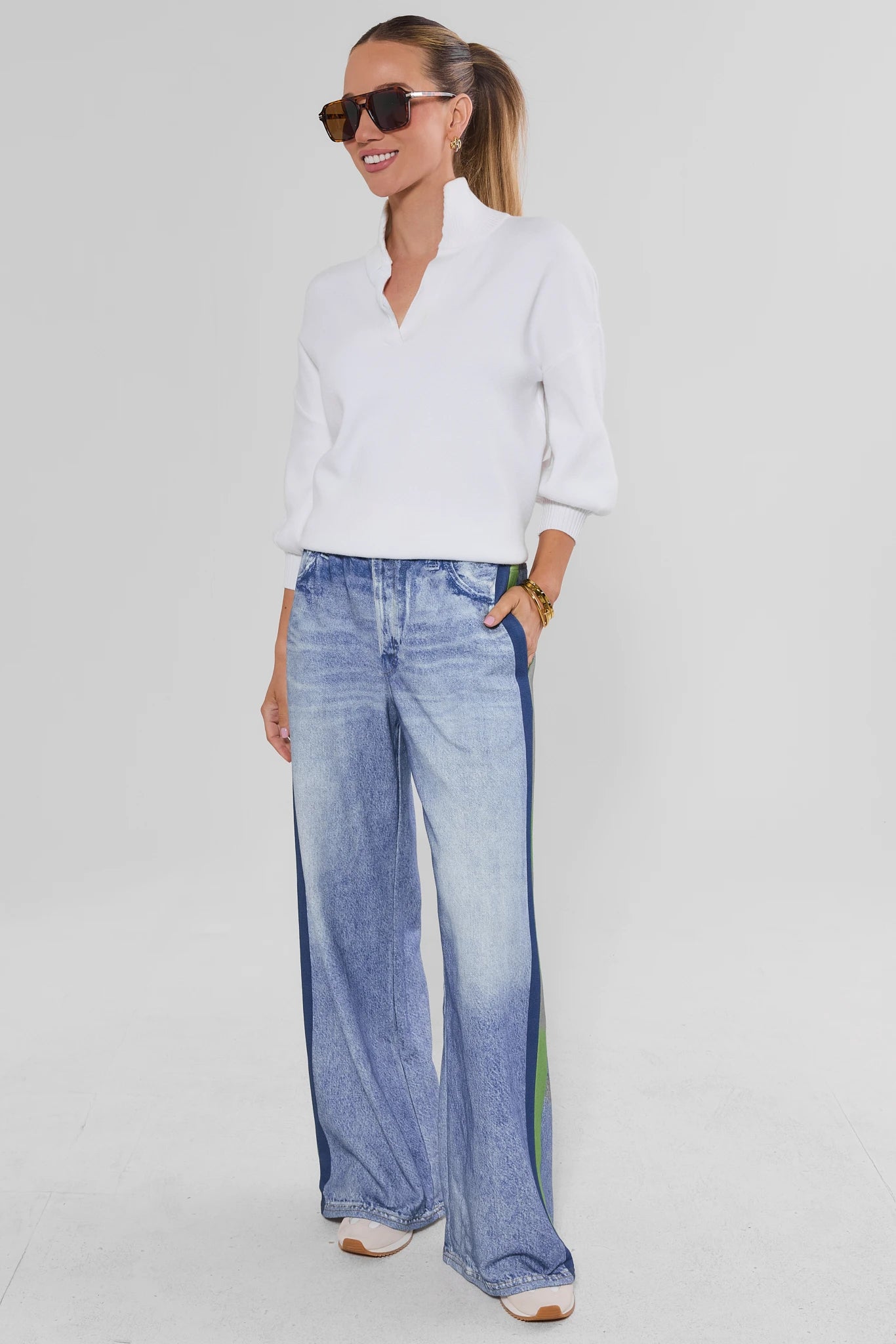 Maeve Green Stripe Wide Leg Track Pants