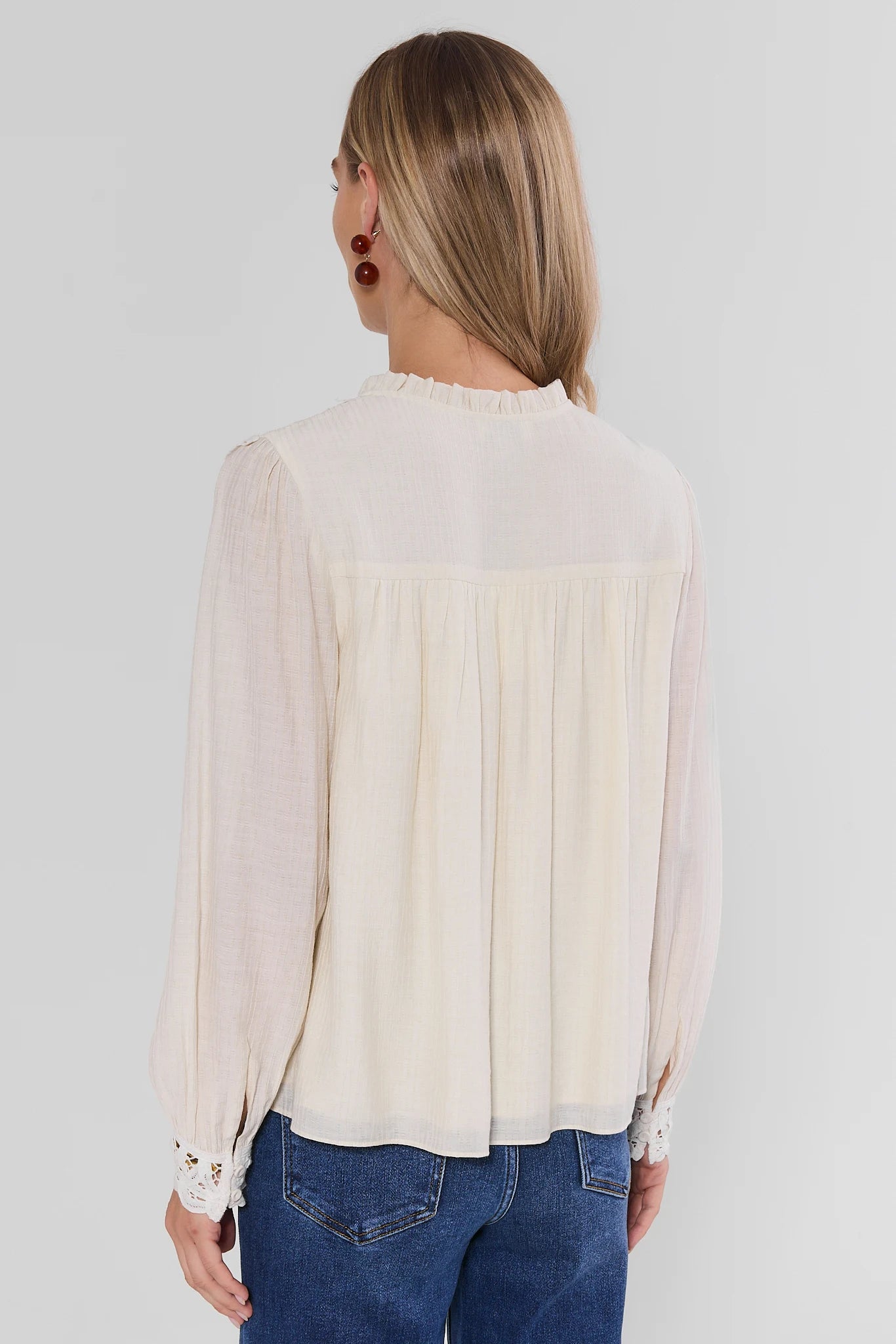 White Eyelet Trim Long Sleeve Top