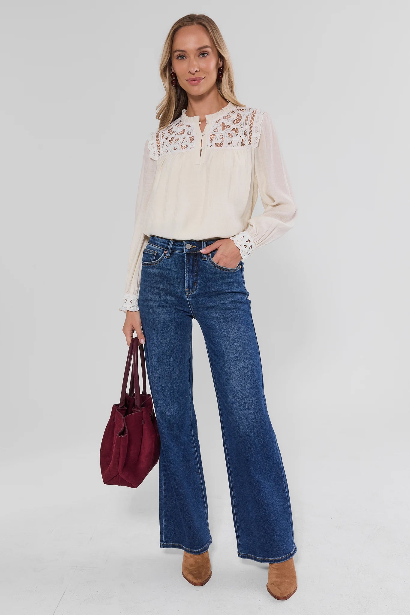 White Eyelet Trim Long Sleeve Top