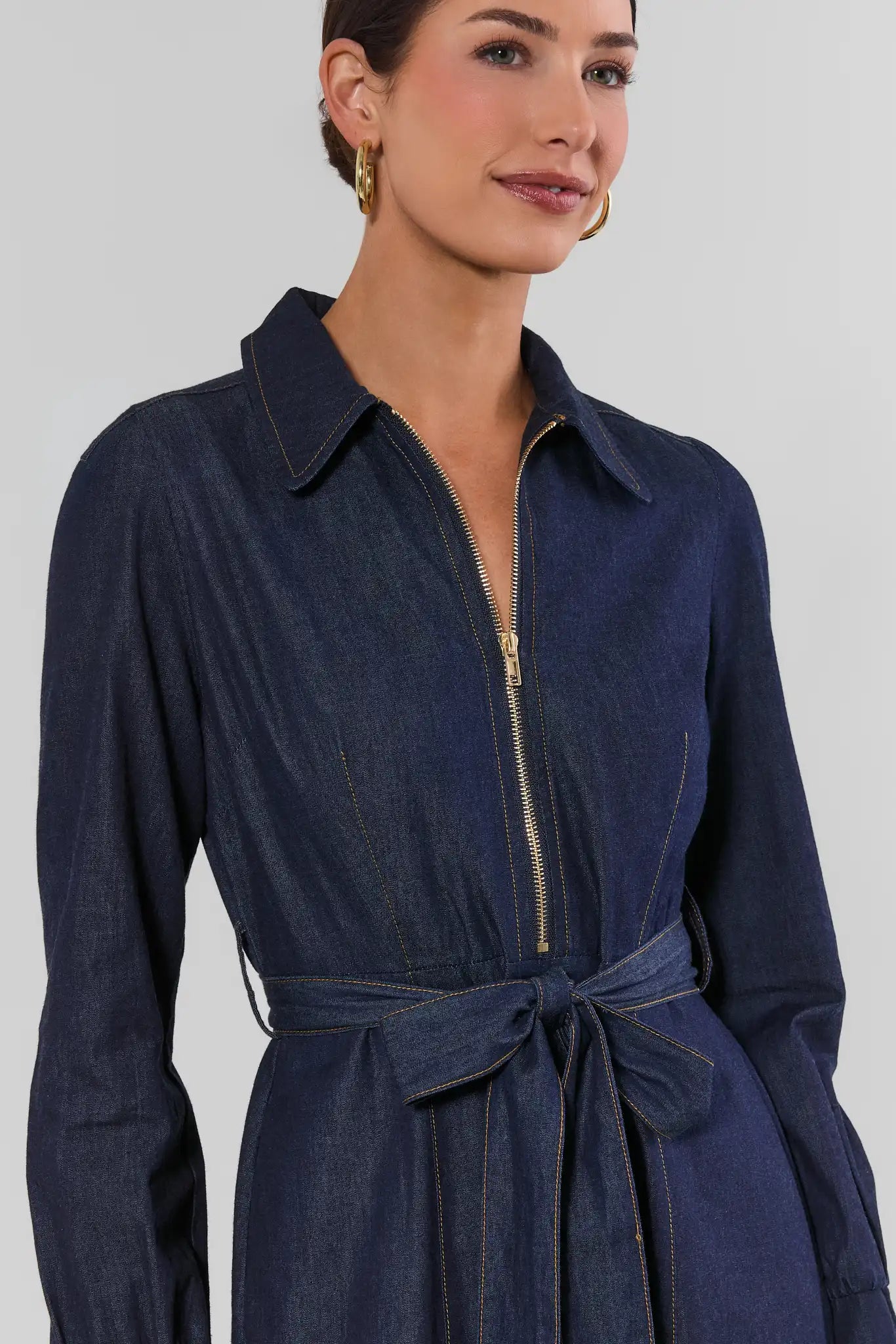 Denim Zip Up Collared Midi Dress