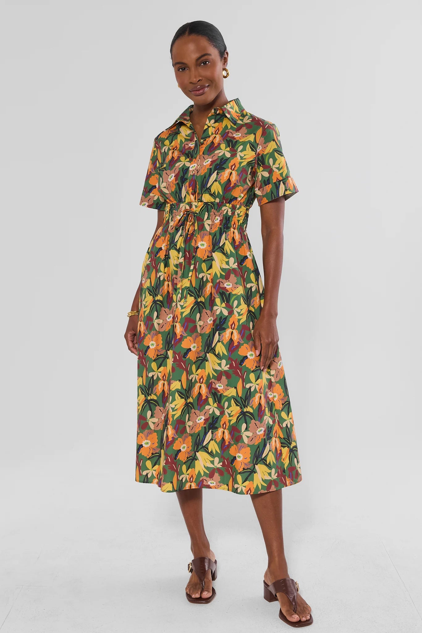 Green Floral Print Collared Midi Dress