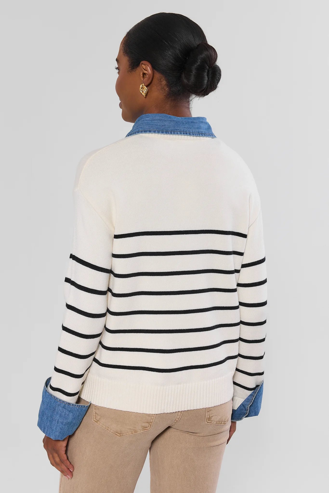 White Striped Denim Trim Sweater