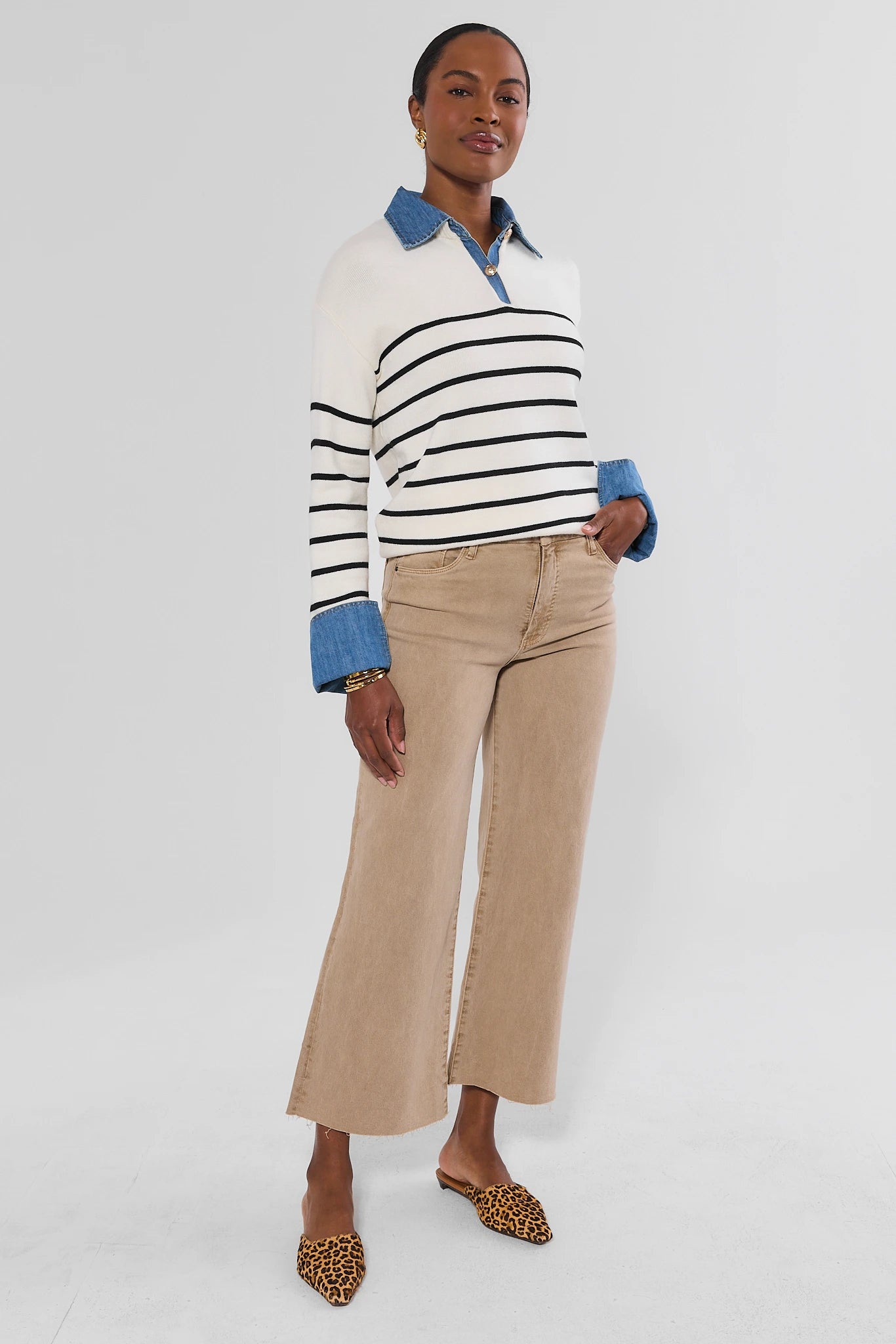 White Striped Denim Trim Sweater