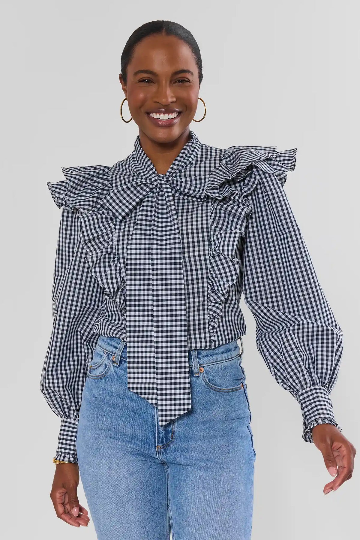 Ava Navy Gingham Ruffle Button Up Top