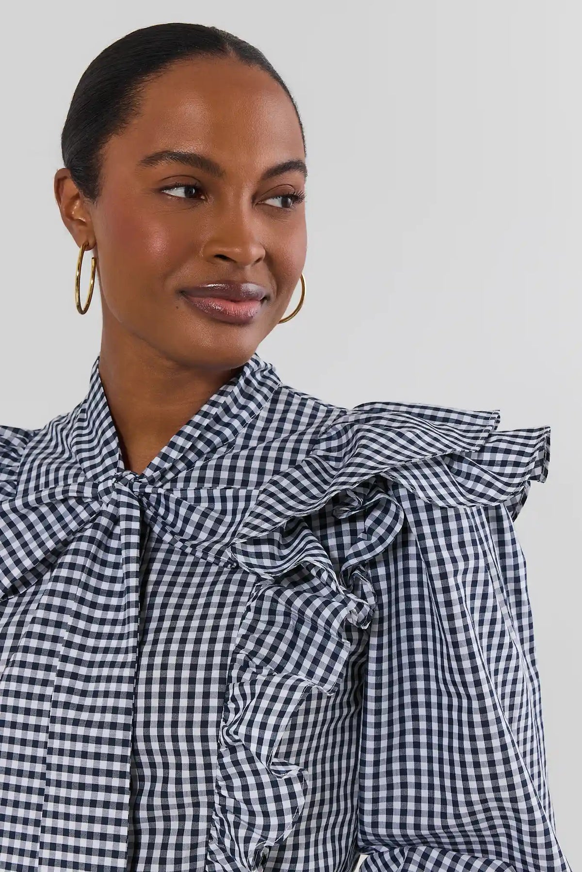 Ava Navy Gingham Ruffle Button Up Top