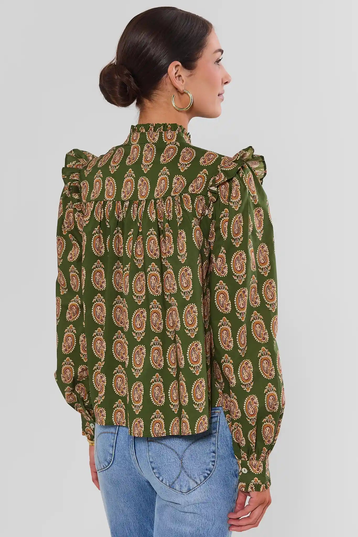 Green Paisley Printed Pleated Top