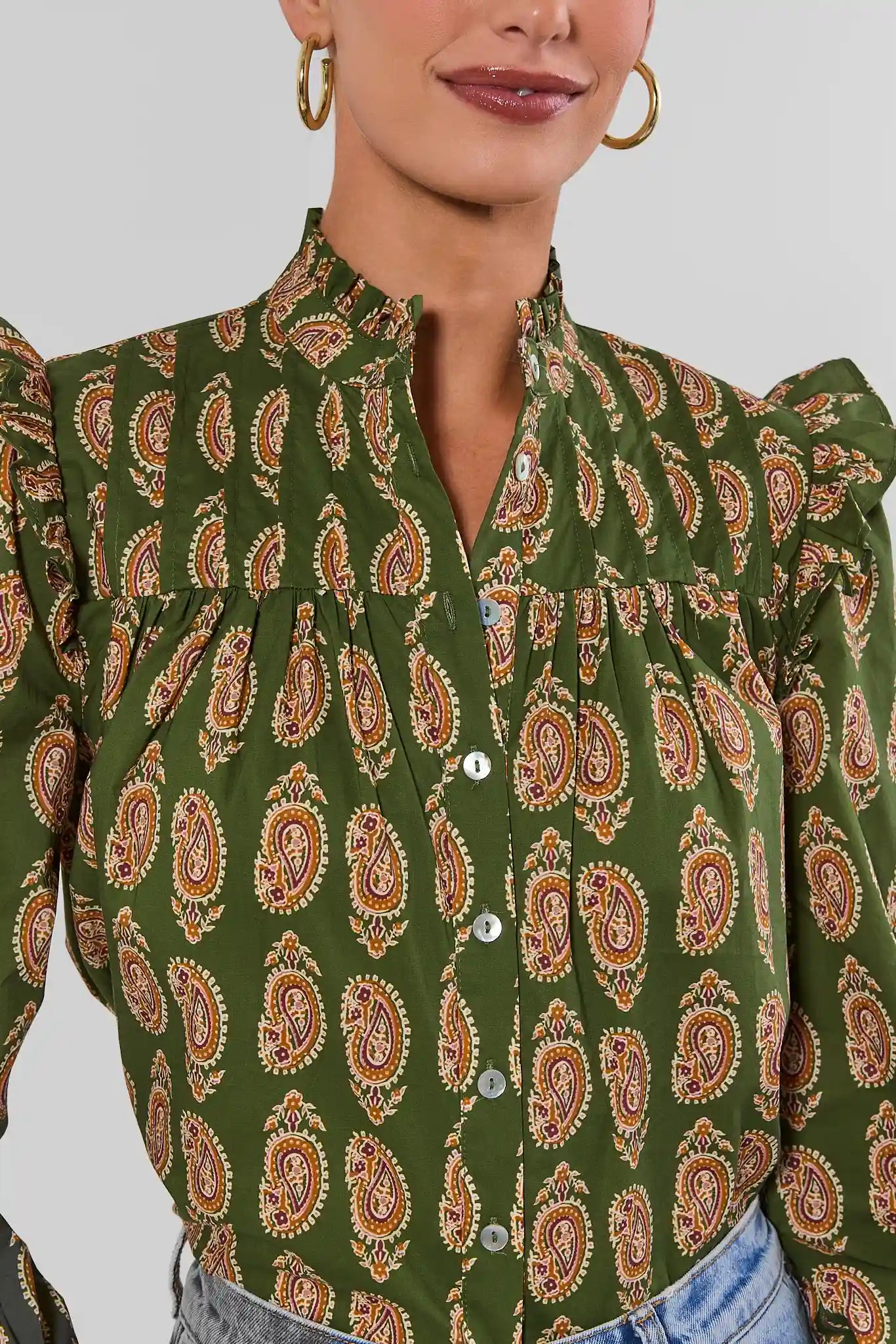Green Paisley Printed Pleated Top