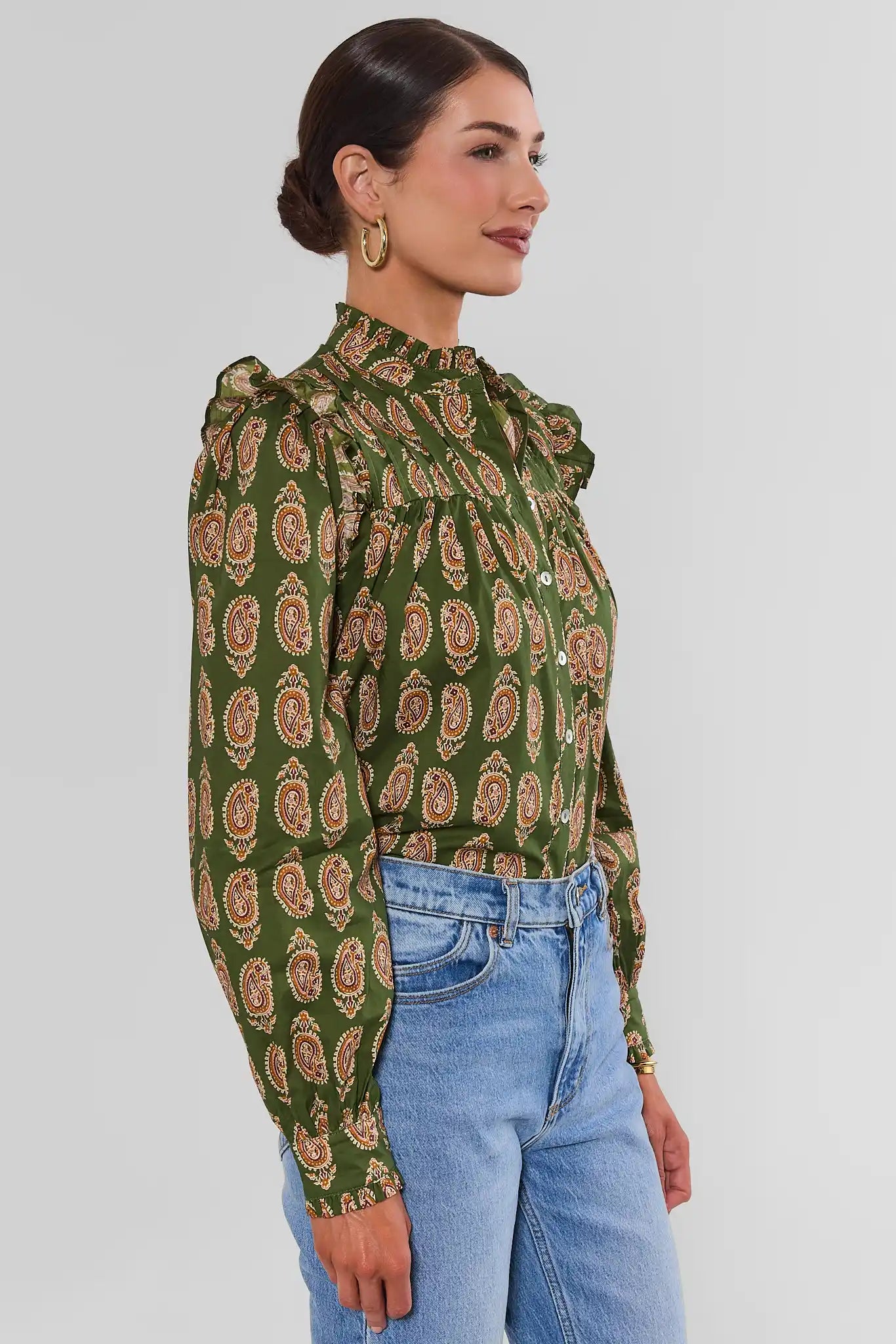 Green Paisley Printed Pleated Top