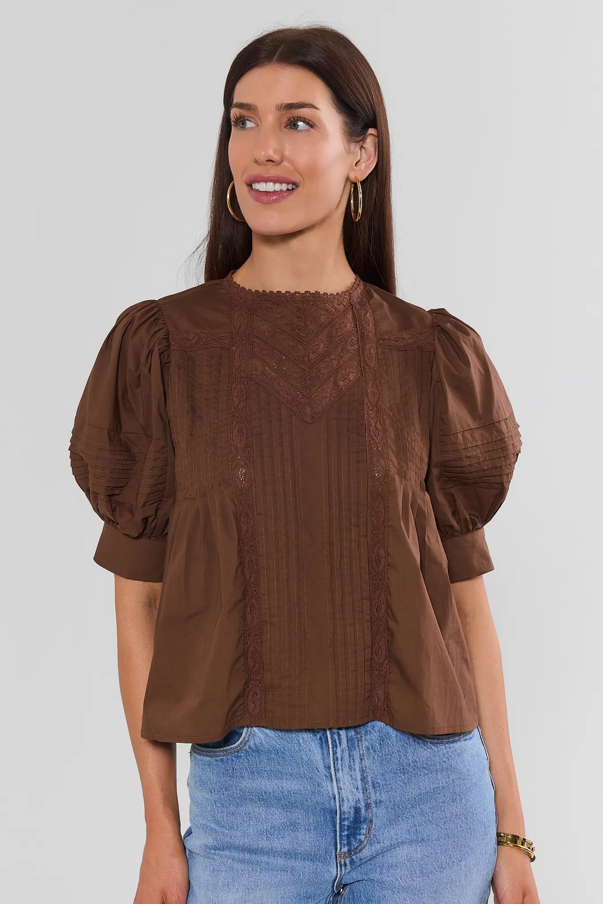 Brown Lace Detail Pleated Top | Avara