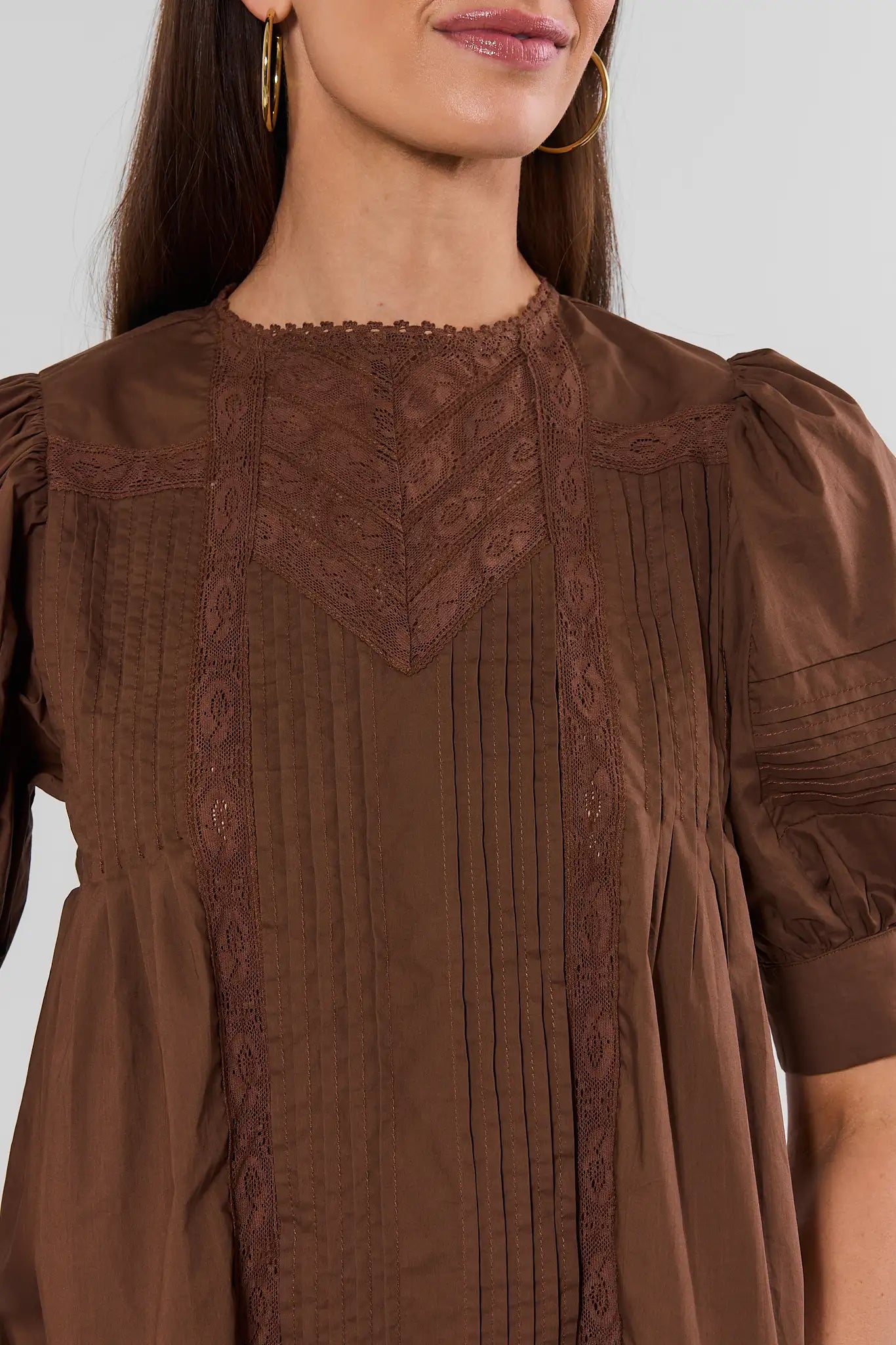 Brown Lace Detail Pleated Top