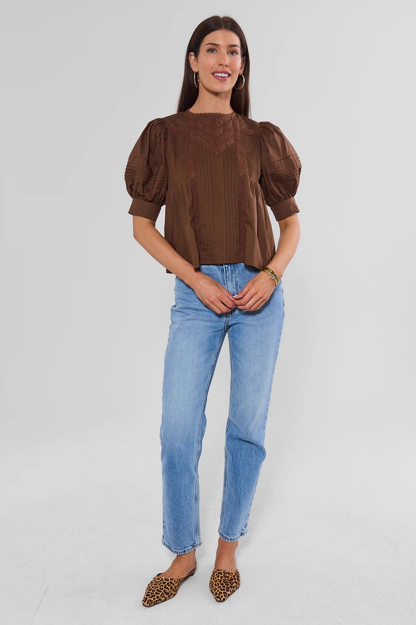 Brown Lace Detail Pleated Top