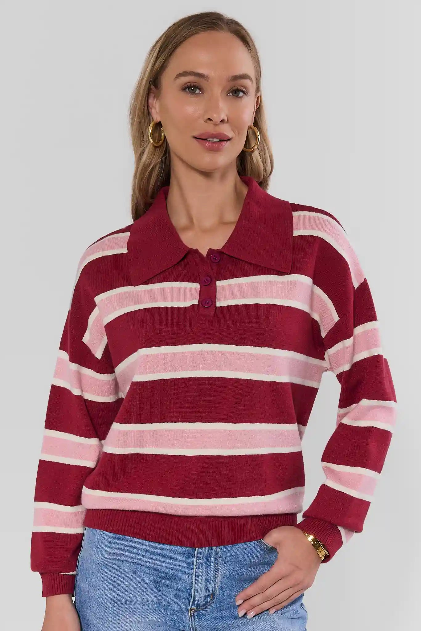 Maroon Striped Collared Knit Top