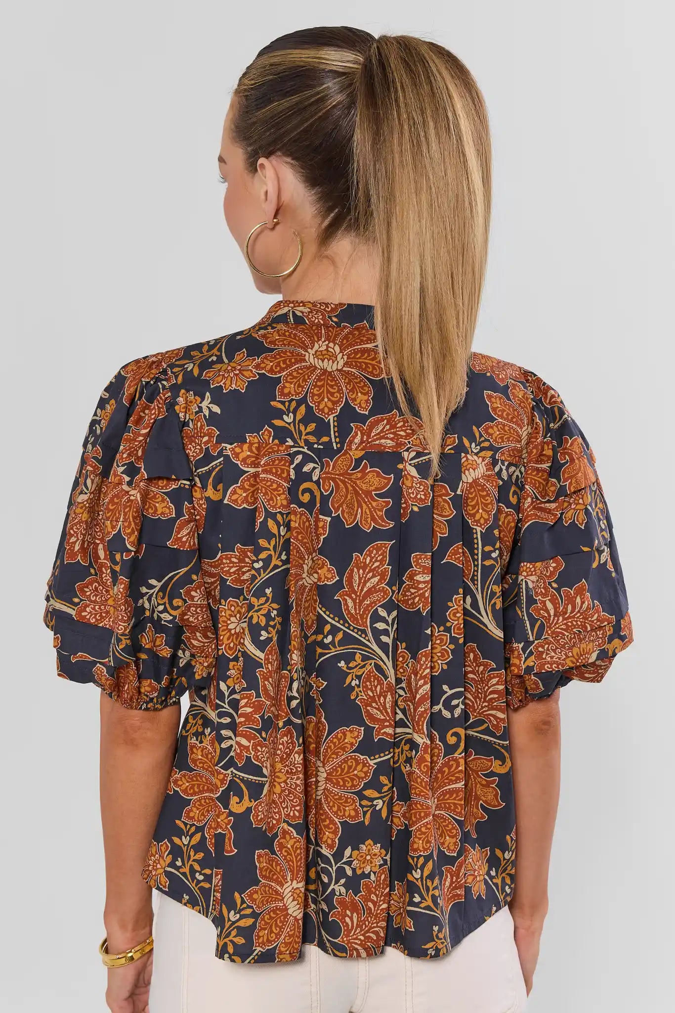Navy Floral Printed Button Up Top