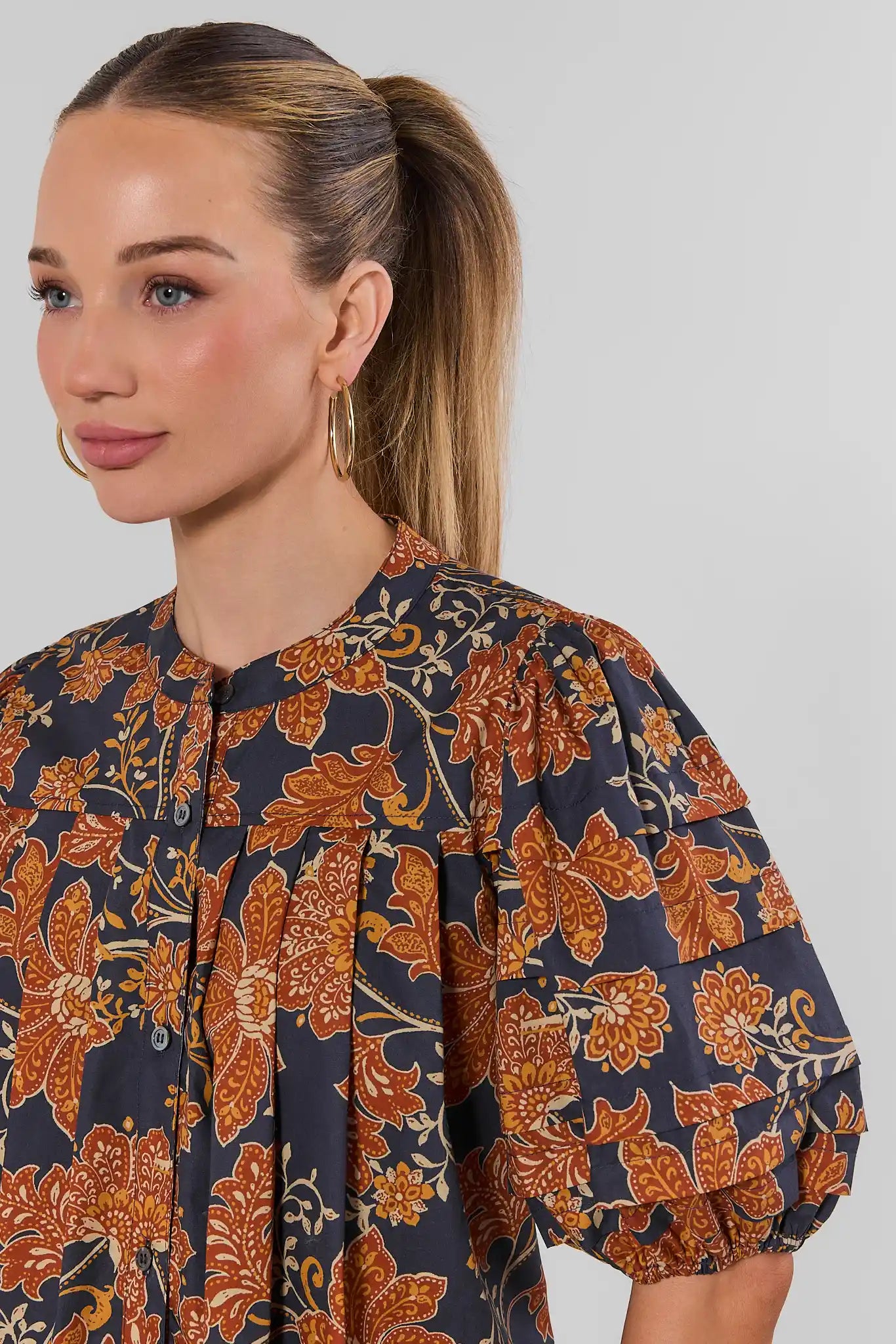 Navy Floral Printed Button Up Top