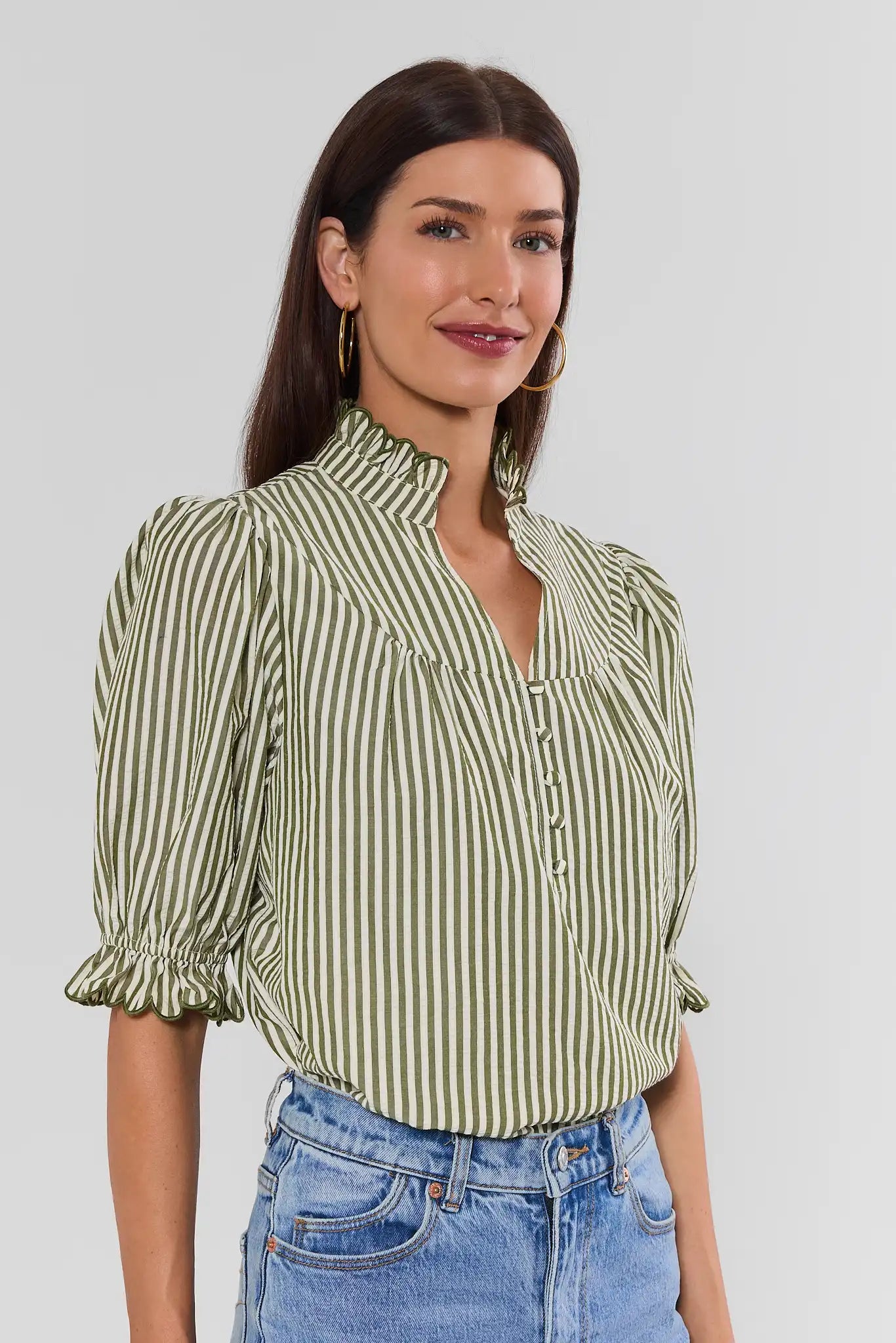 Hailey Green Striped Ruffle Trim Top