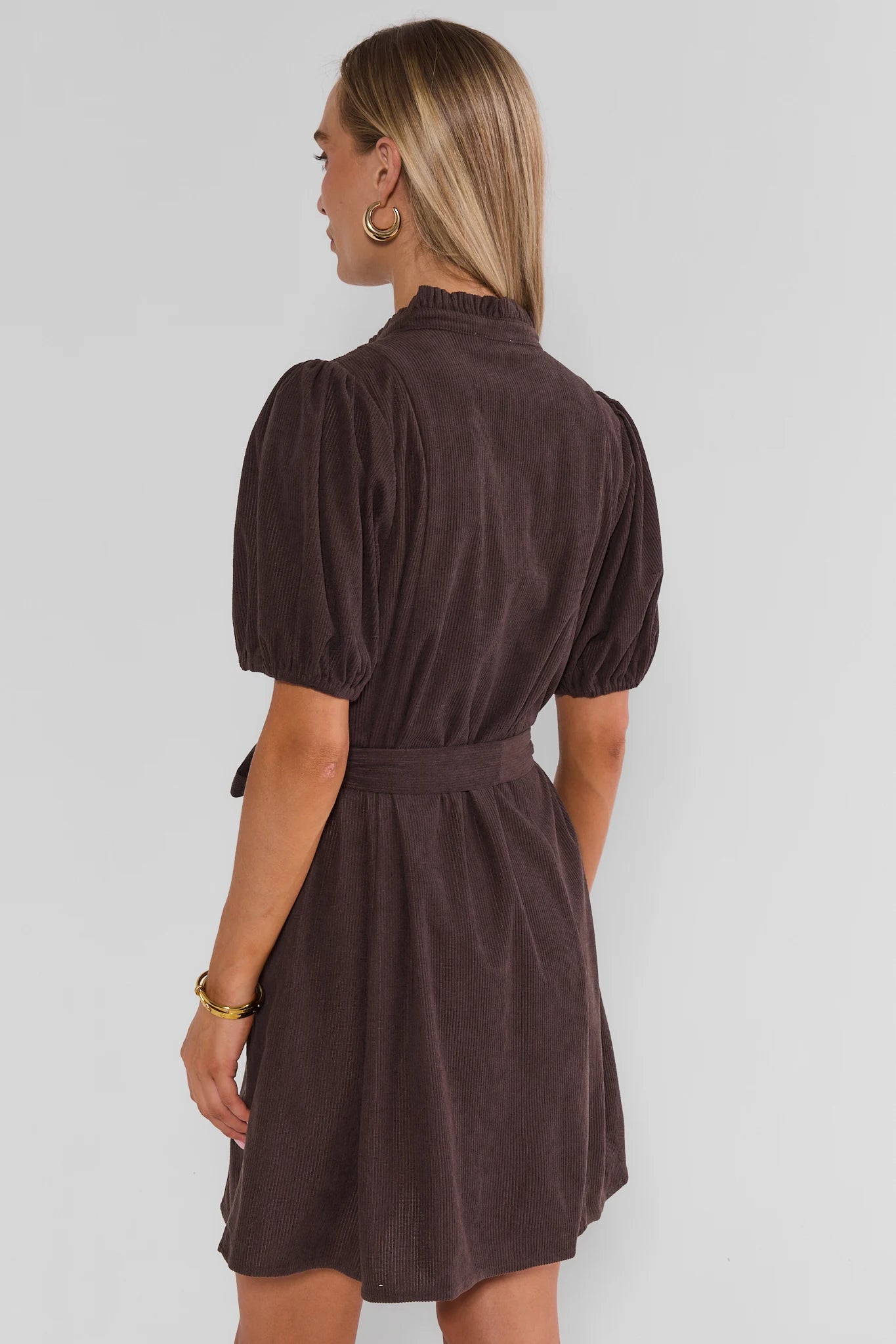 Brown Corduroy Button Up Short Dress