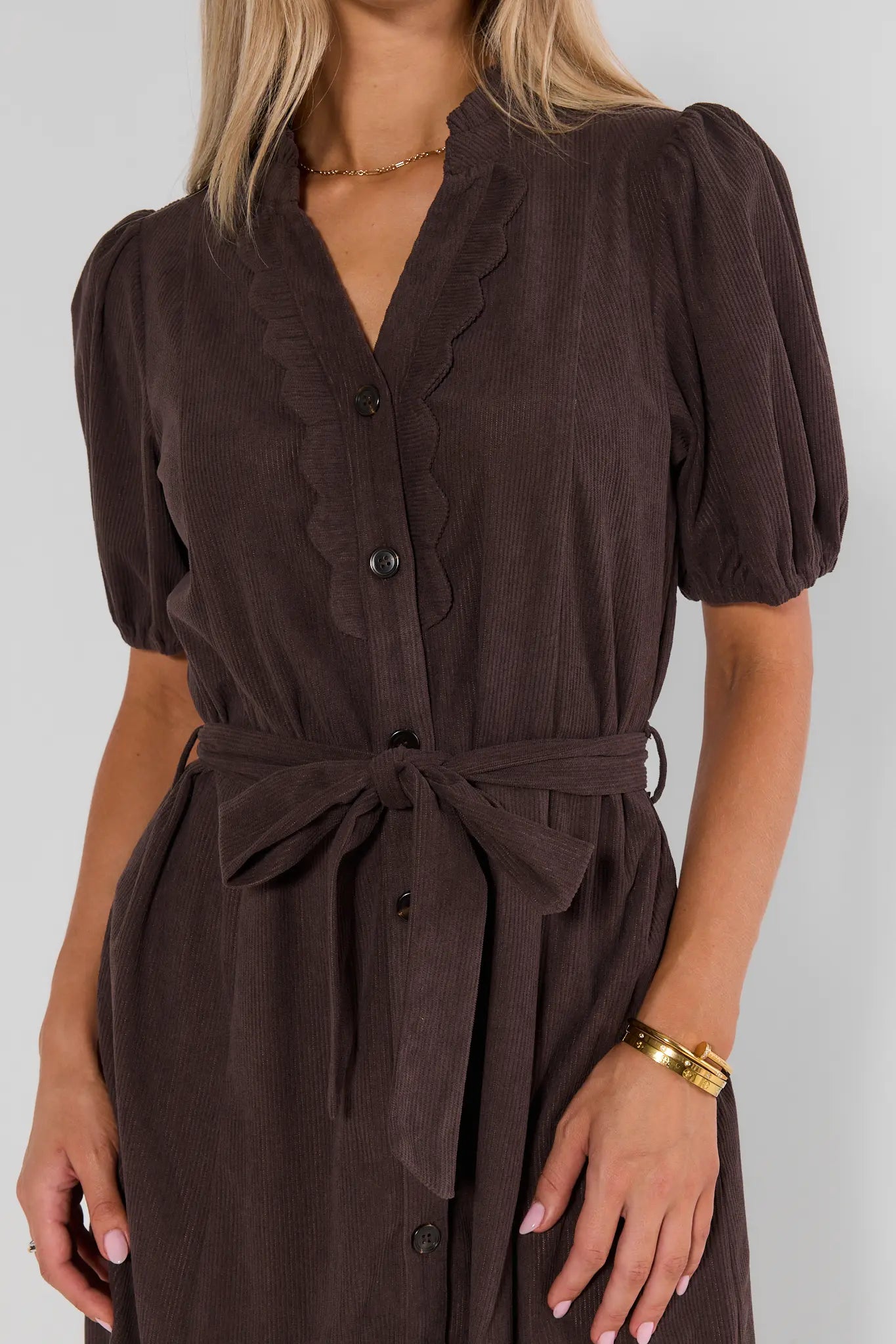 Brown Corduroy Button Up Short Dress