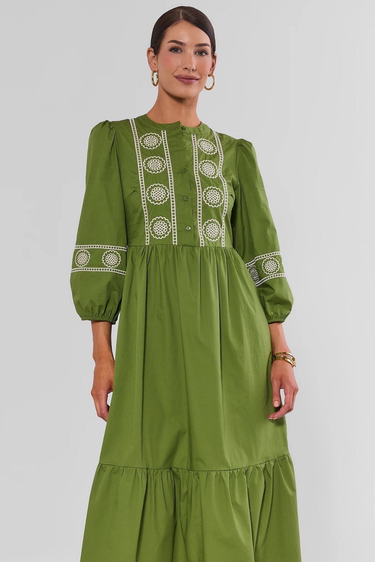 green embroidered midi dress | Avara photography props and dressses