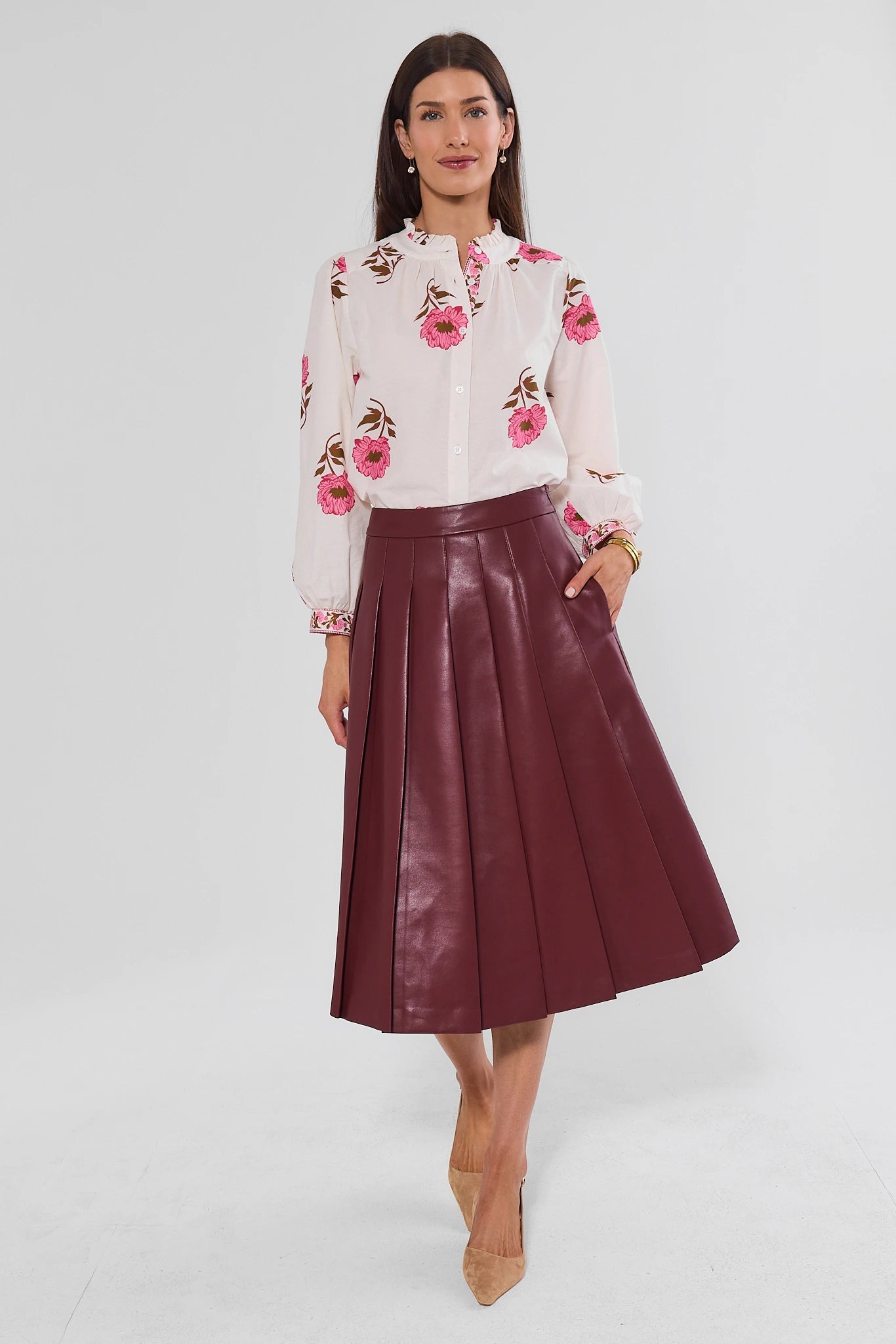 Maroon Pleated Midi Skirt