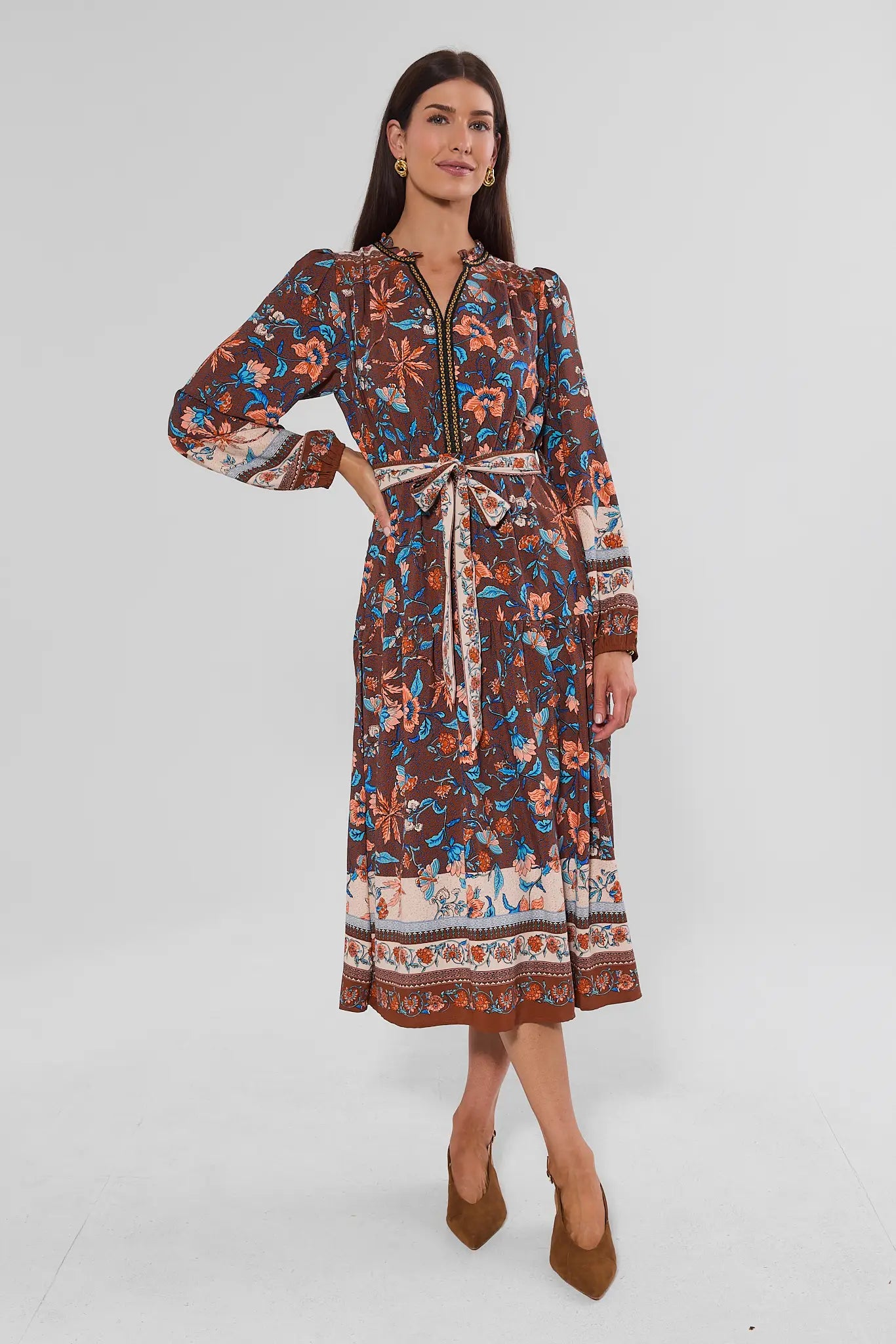 Brown Multi Printed Midi Dress