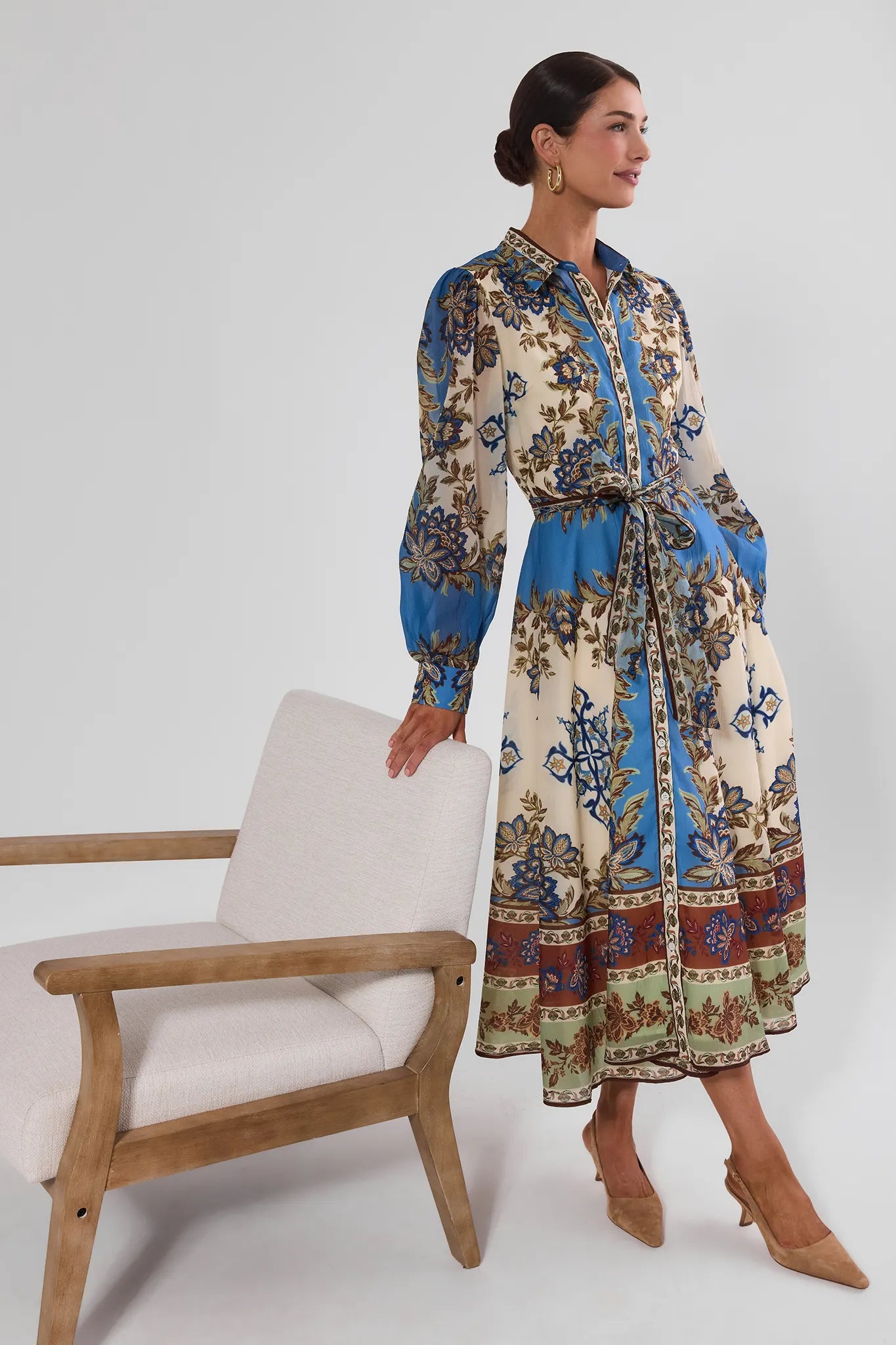 Multi Border Print Button Up Midi Dress