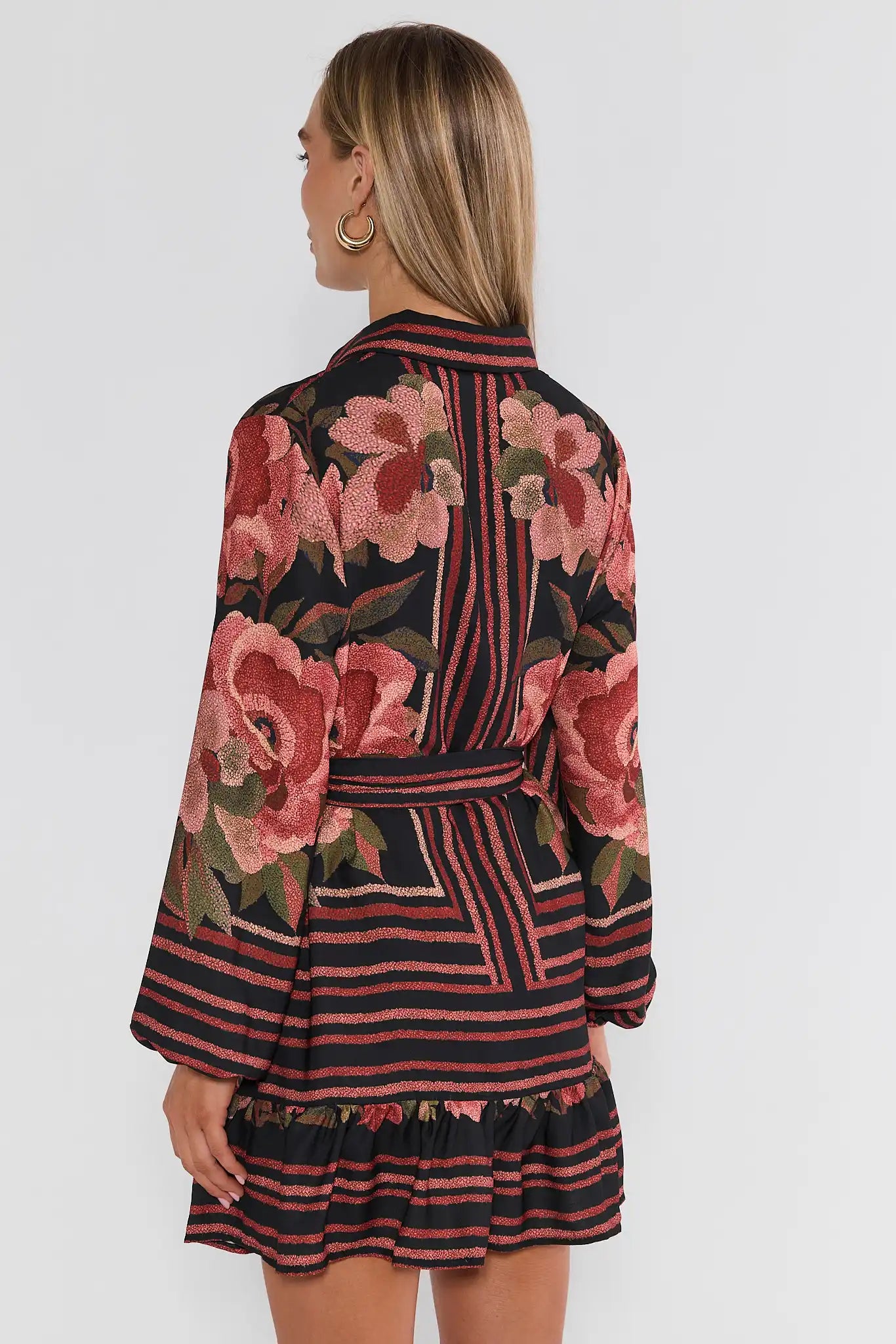 Black Floral Printed Collared Short Dress