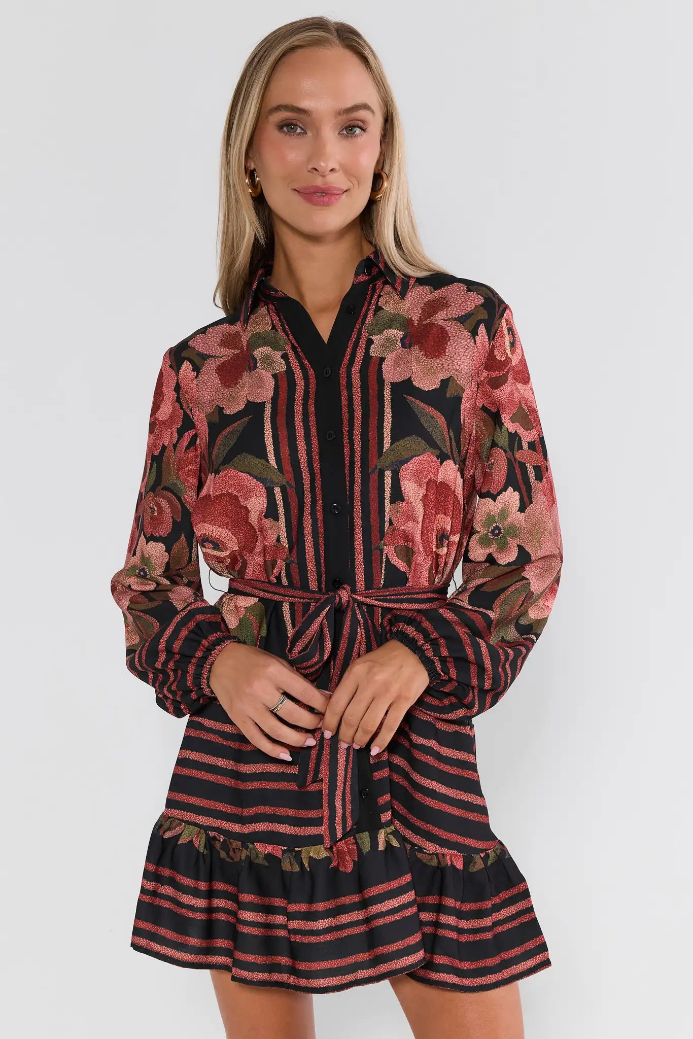Black Floral Printed Collared Short Dress