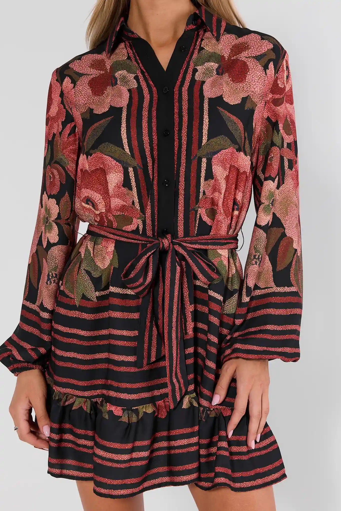 Black Floral Printed Collared Short Dress