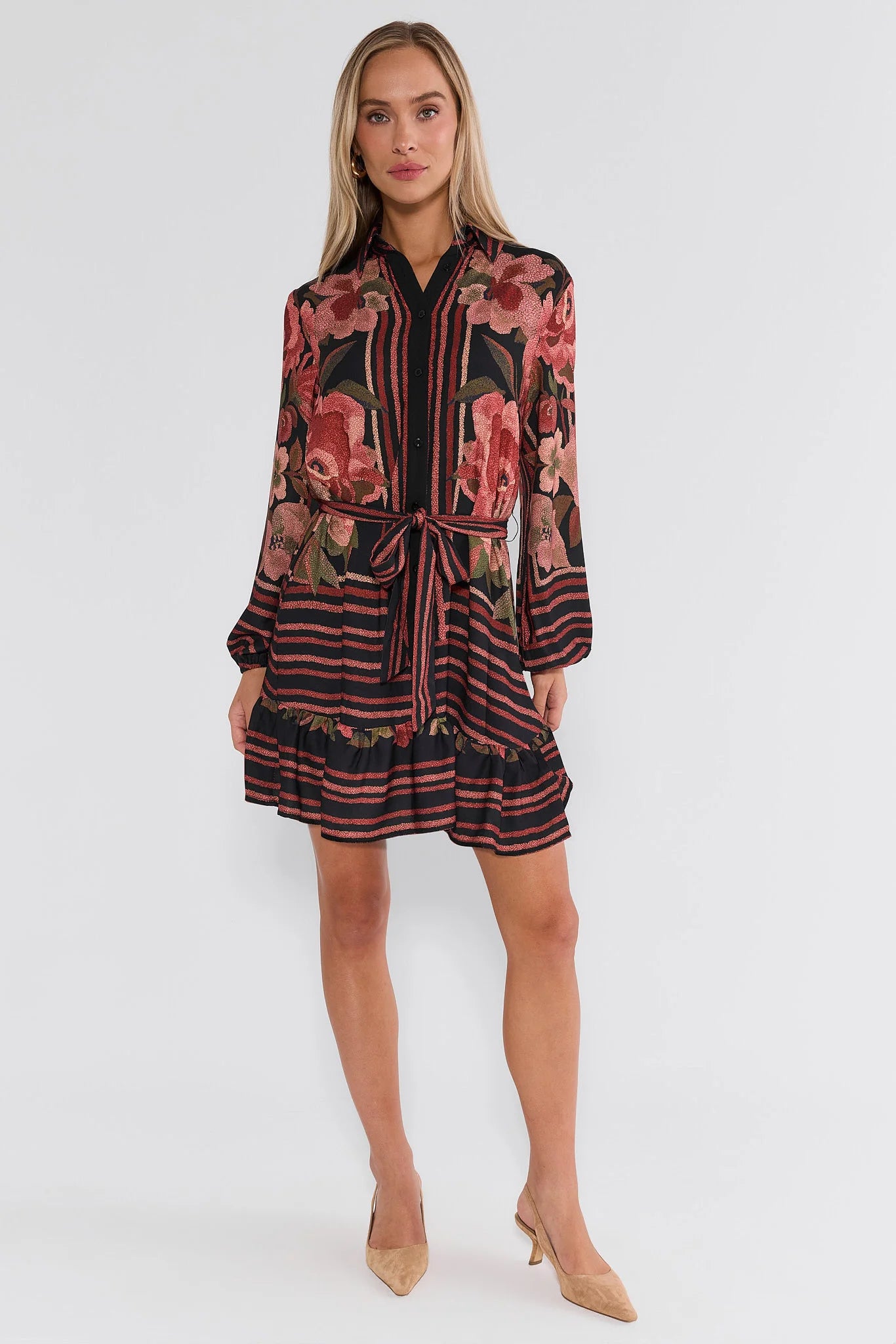 Black Floral Printed Collared Short Dress
