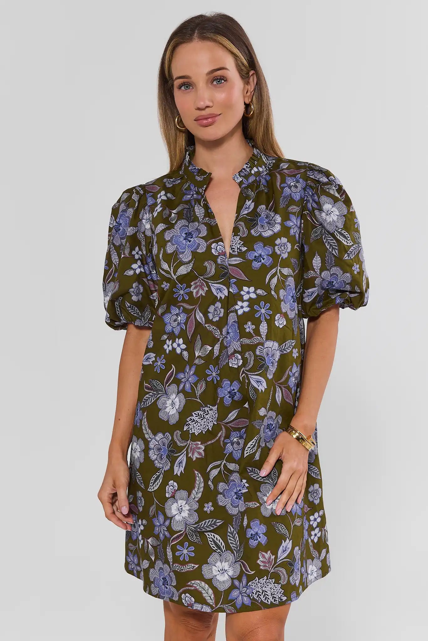Olive Floral Printed Short Dress