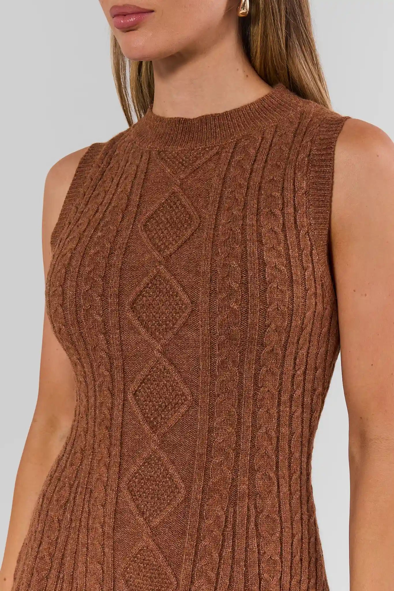 Brown Cable Knit Short Sweater Dress