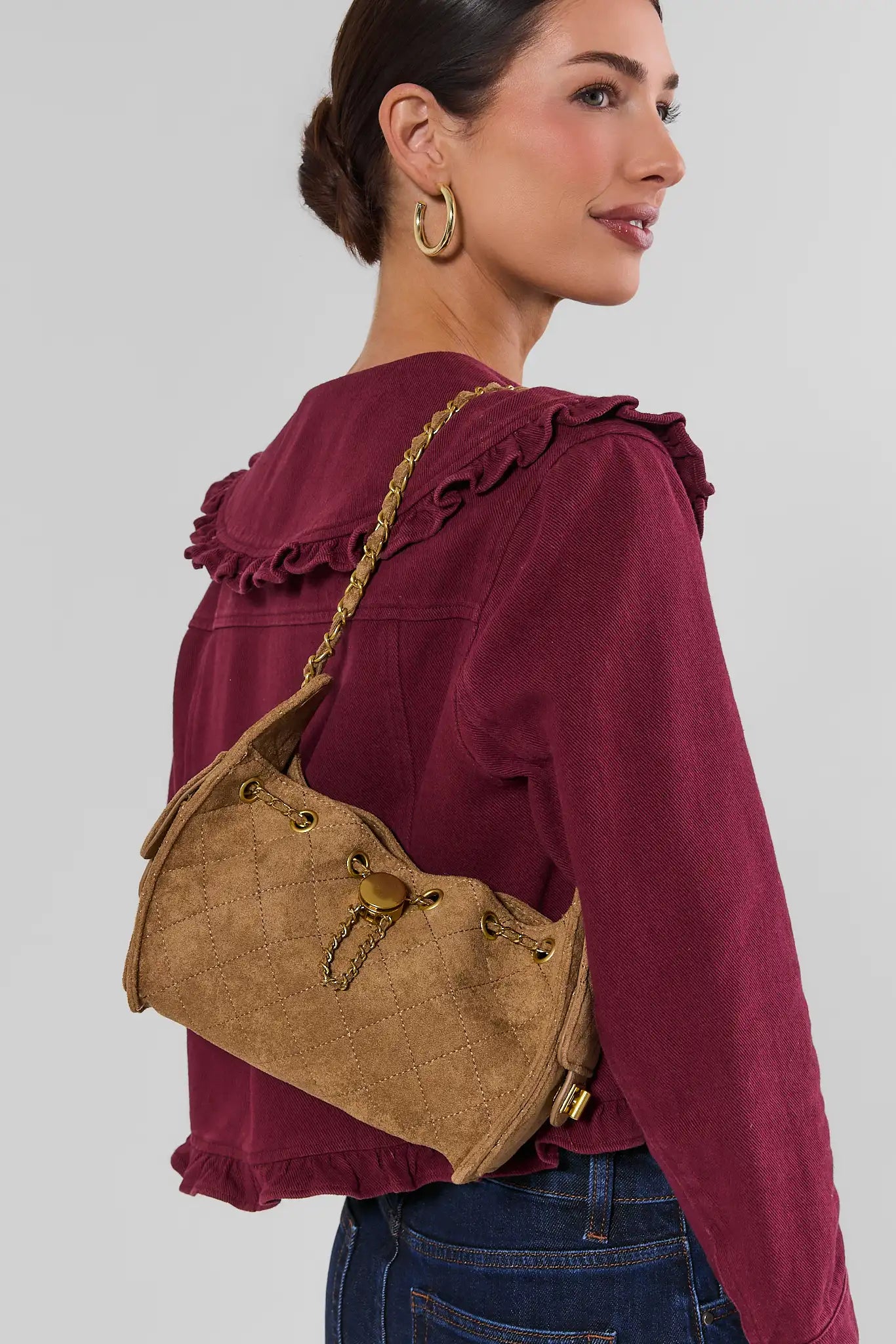 Tan Faux Suede Quilted Bucket Bag