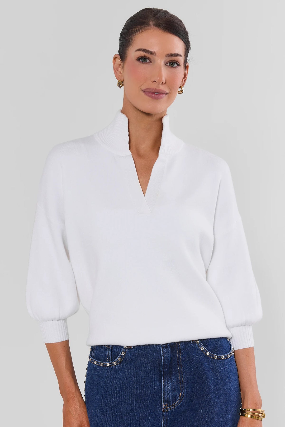 Gwyneth Cream Knit Sweater - Front View On Model with Denim | Avara
