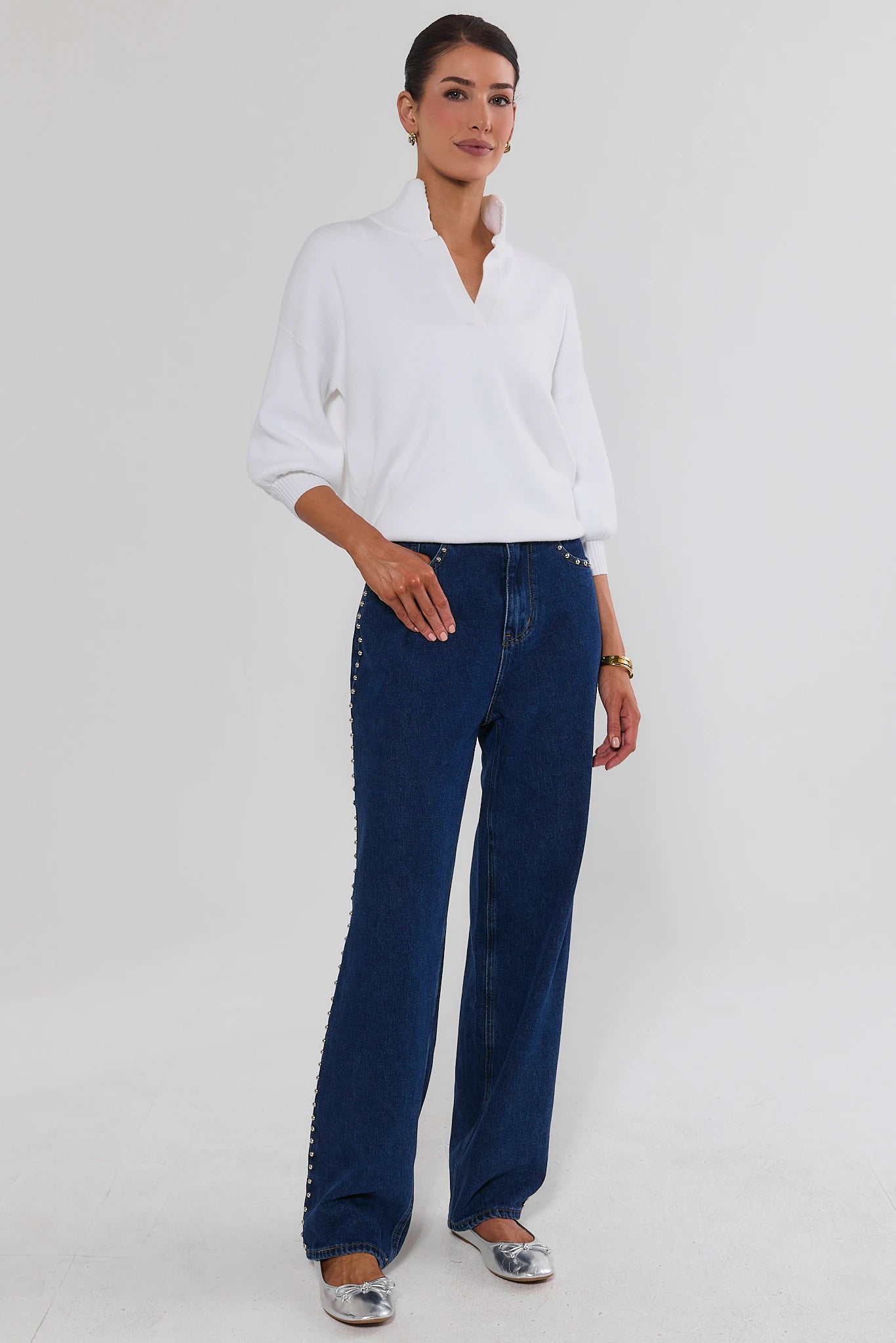 Gwyneth Cream Knit Sweater - Full-Length Front View, Styled with Studded Jeans | Avara