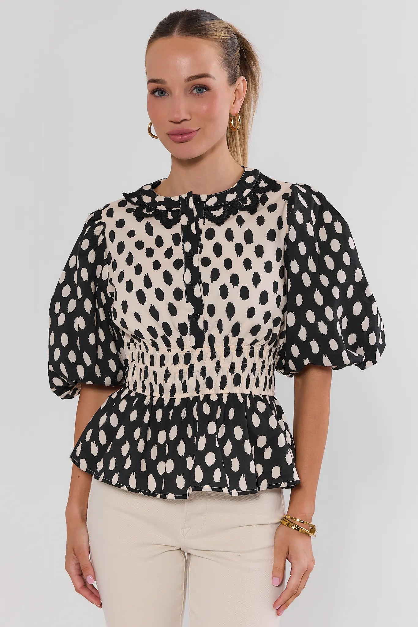 Presley Black Polka Dot Peplum Top