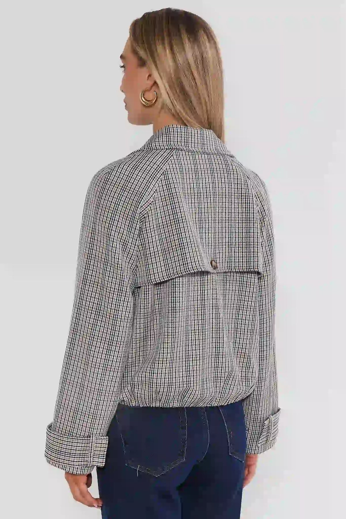Brown Plaid Cropped Trench Jacket
