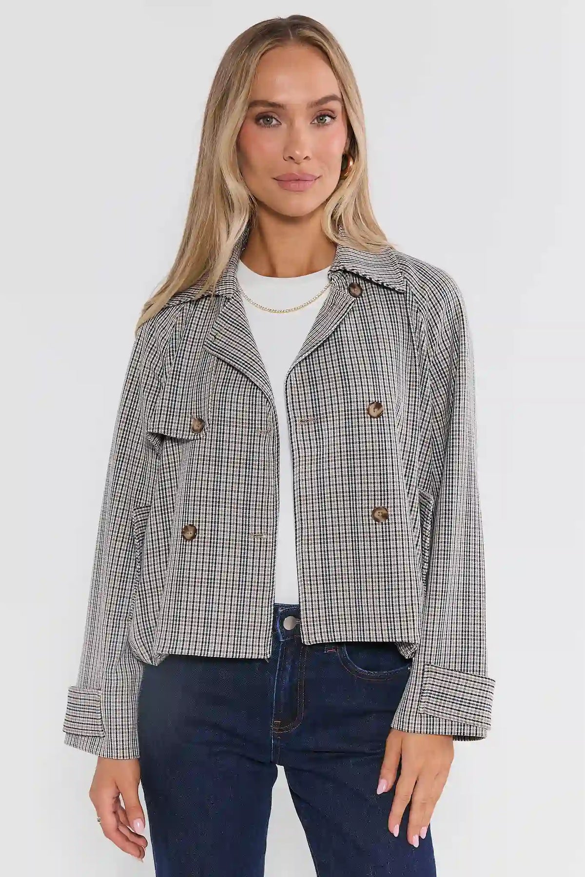 Brown Plaid Cropped Trench Jacket