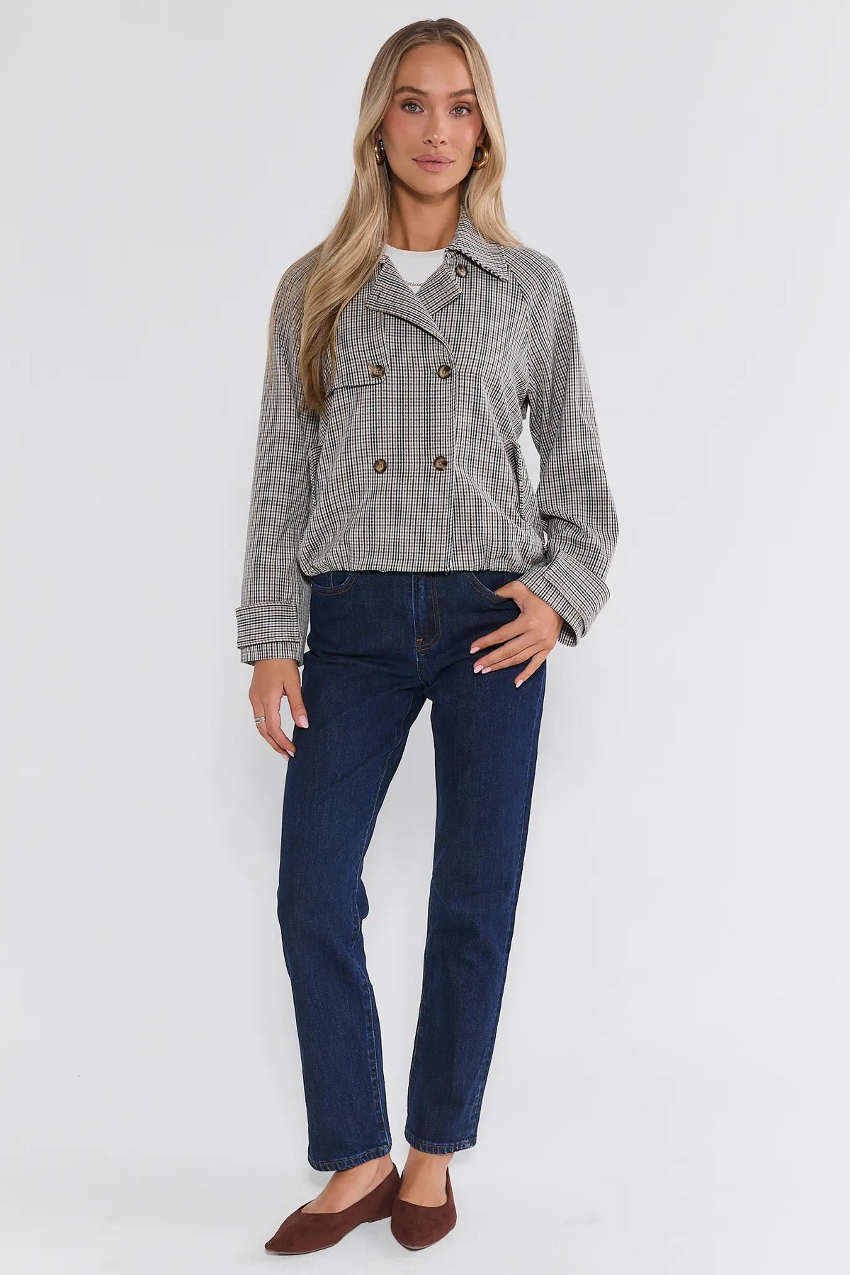 Brown Plaid Cropped Trench Jacket