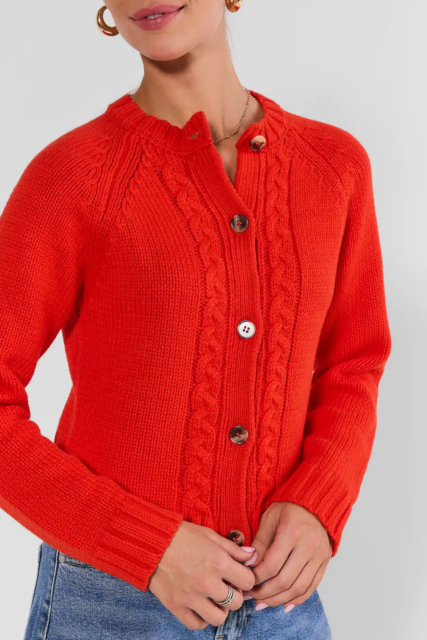 Red Cable Knit Cardigan - Button & Cable Detail Close-Up | Avara