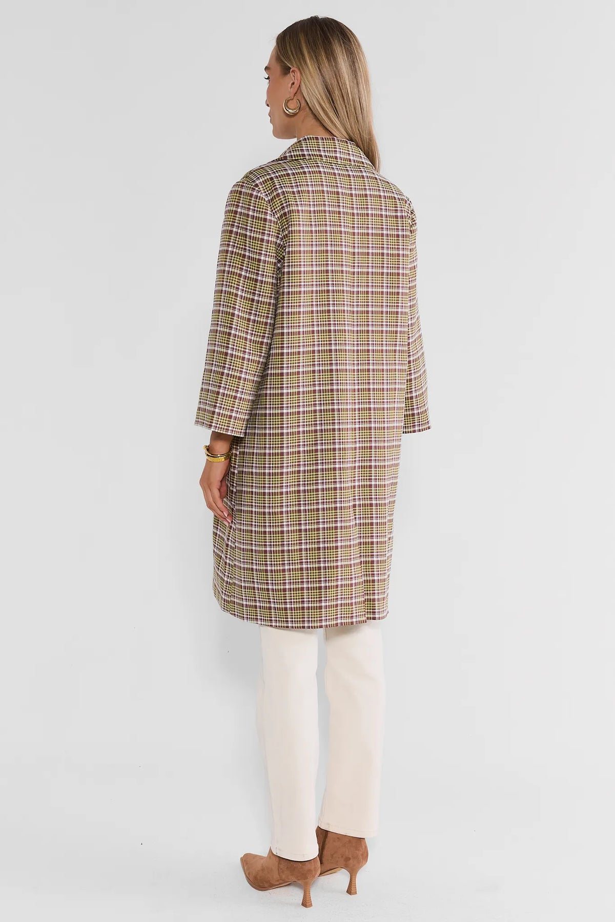 Green Plaid Print Trench Coat