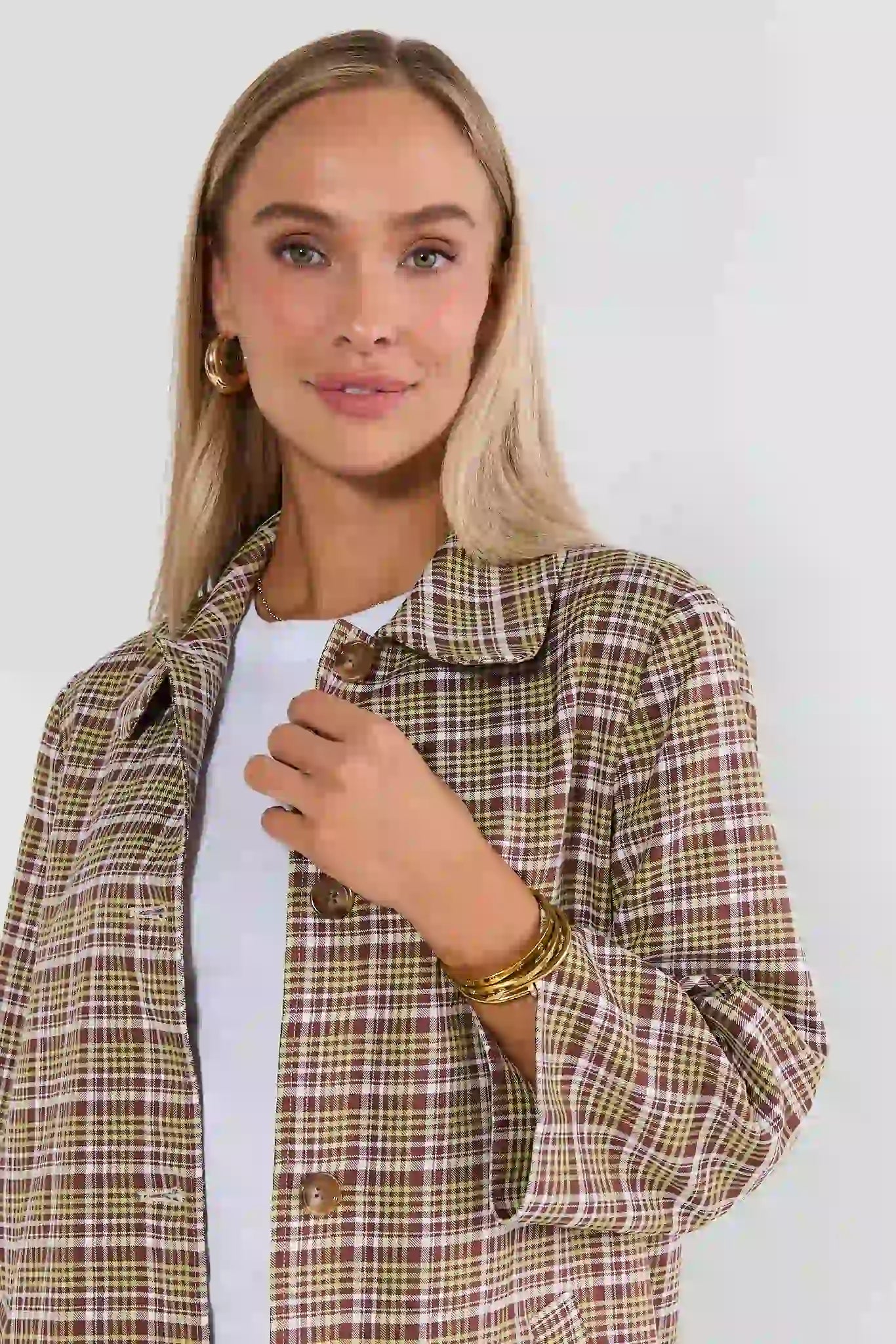 Green Plaid Print Trench Coat