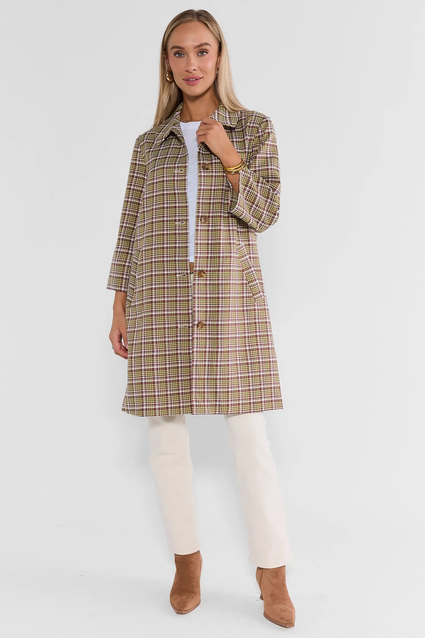 Green Plaid Print Trench Coat