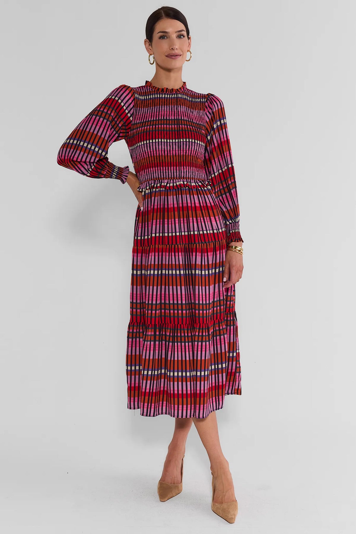 Black Multi Print Modest Smocked Midi Dress - Front View On Model | Avara