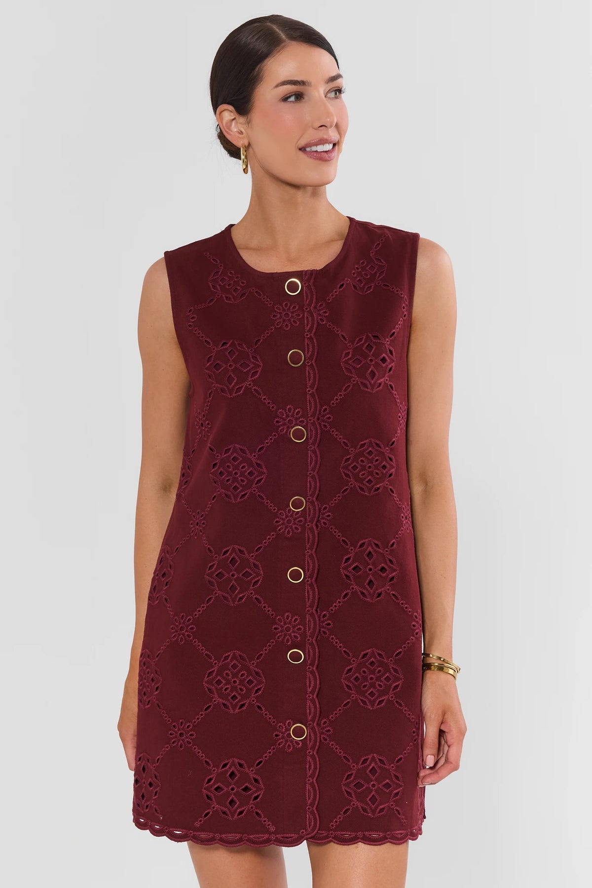 burgundy dress gold buttons Eyelet Button Up Short Crafted in our premium