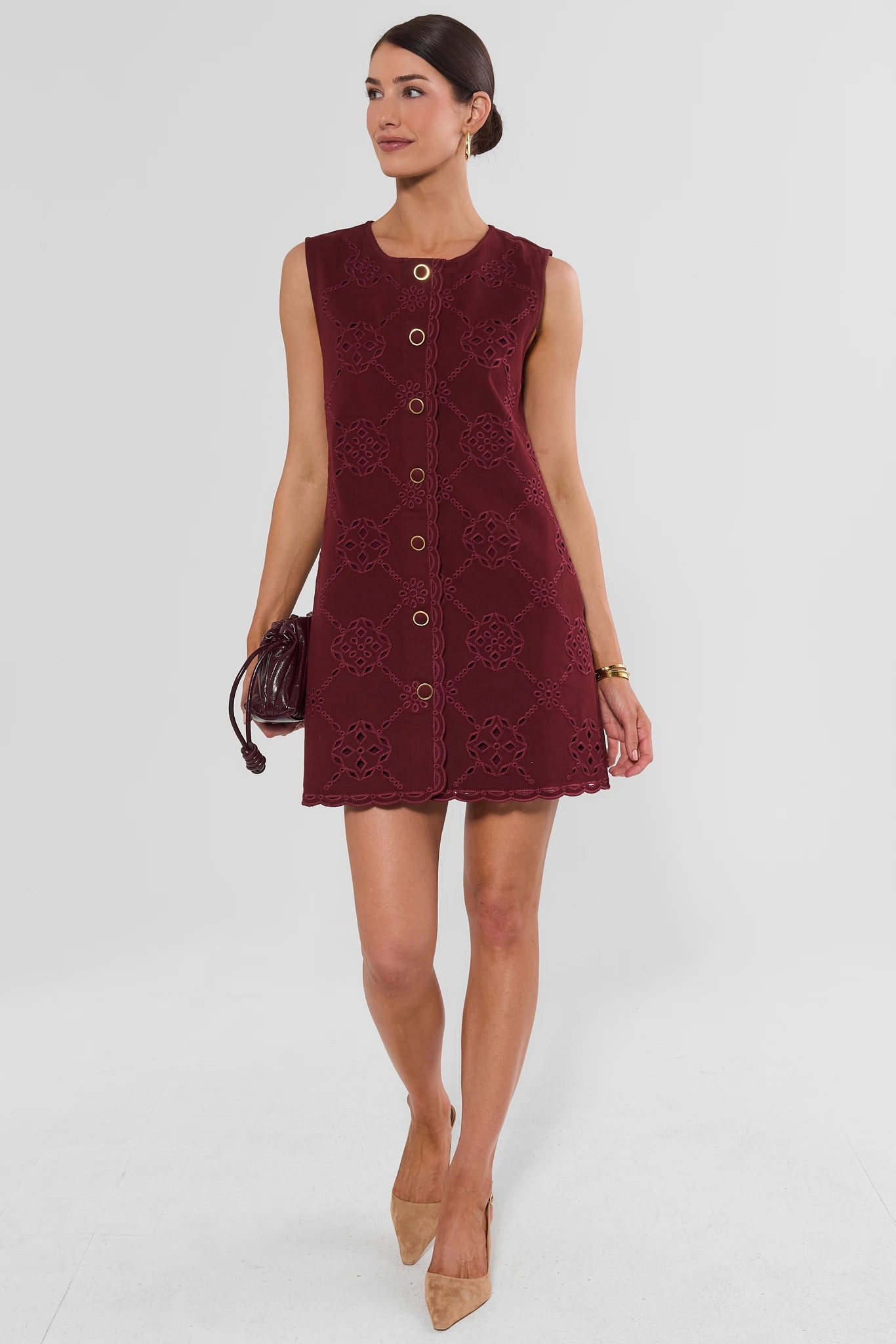 Burgundy Eyelet Button Up Short Dress