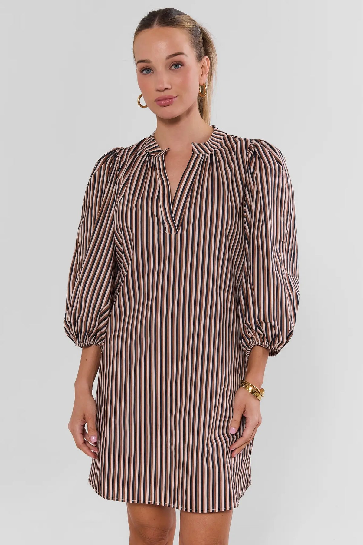 Brown Striped Split Neck Short Dress