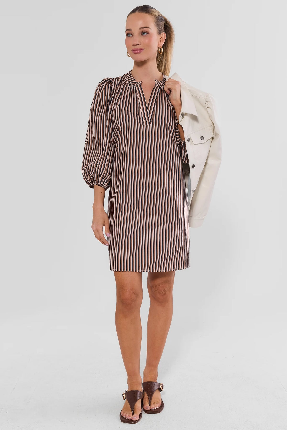 Brown Striped Split Neck Short Dress